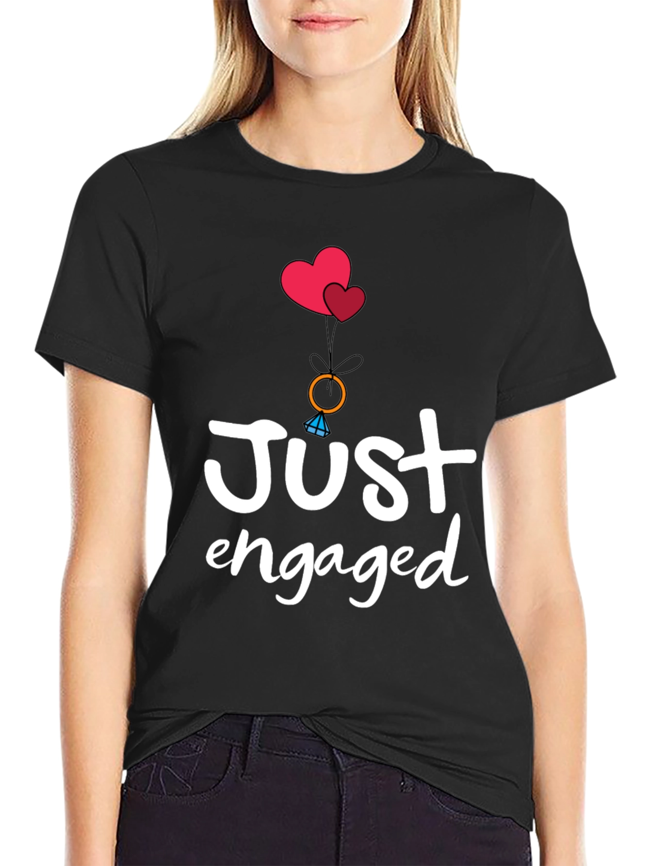 Black Just Engaged T-Shirt - Romantic Graphic Tee view 2