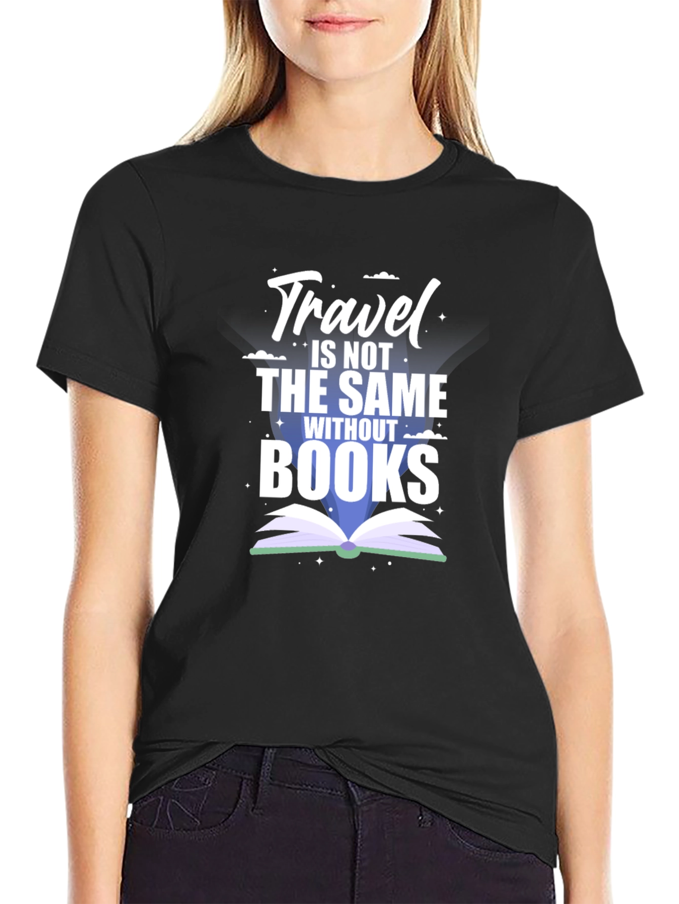 Black Travel Books Graphic Tee - Black Cotton Blend T-Shirt view 2