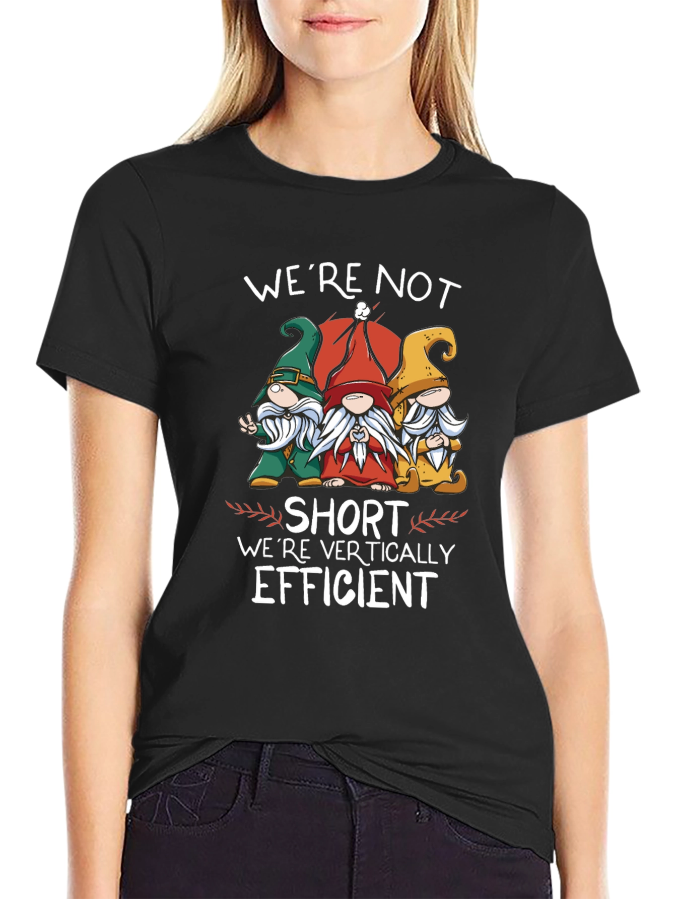 Black Funny Gnome T-Shirt - We're Vertically Efficient view 2