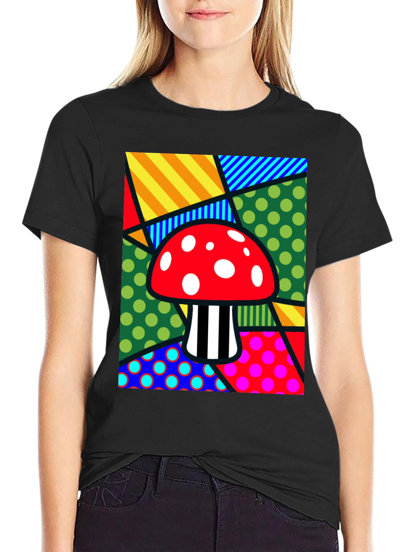 Black Funky Mushroom T-Shirt - Abstract Pop Art Design view 2