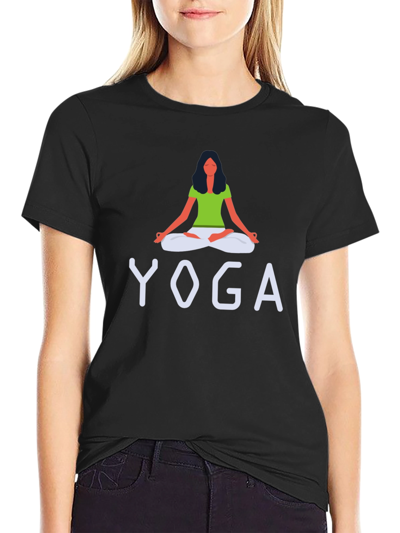 Black Yoga Graphic Print Crew Neck T-Shirt view 2