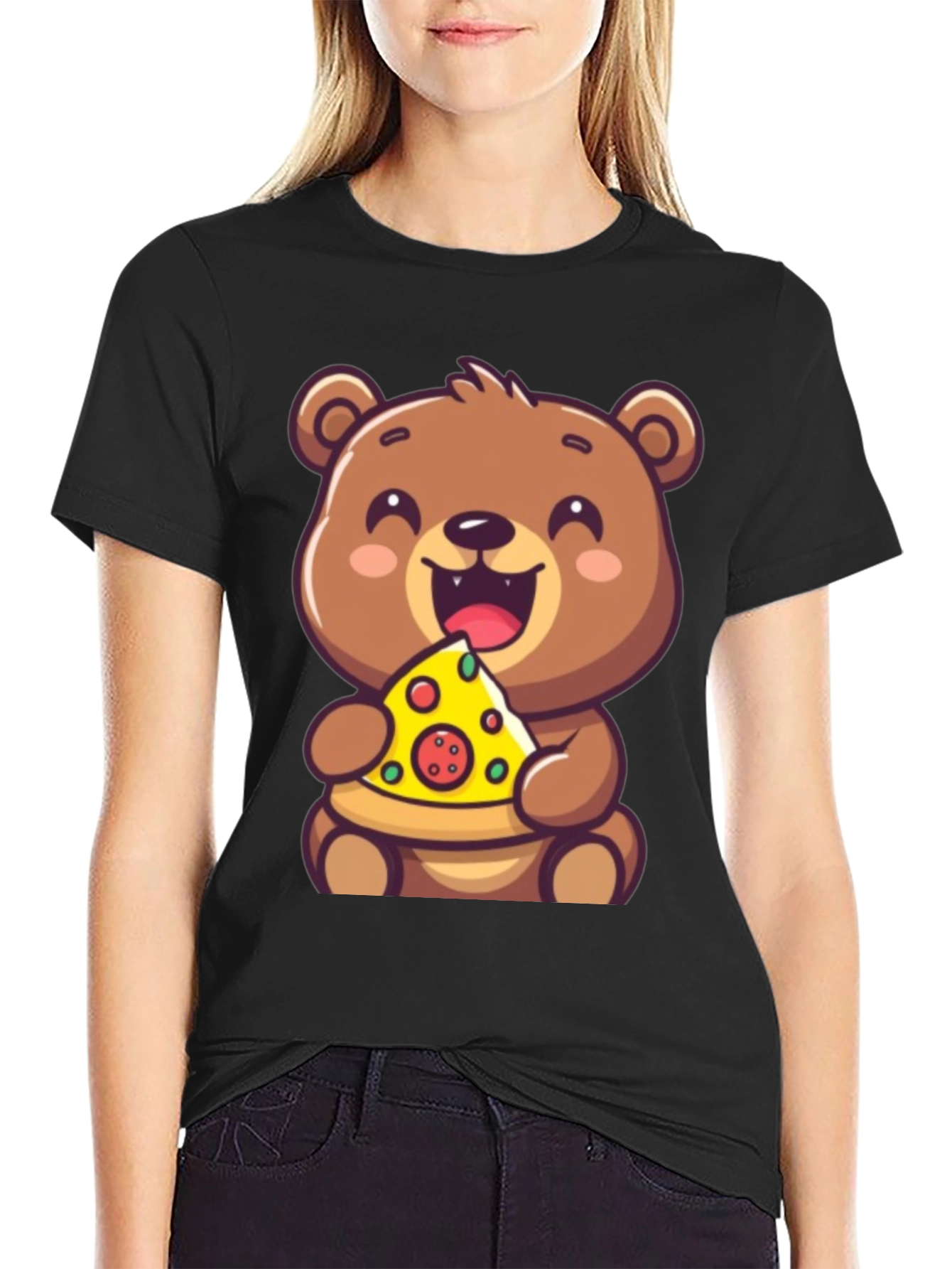 Black Cute Bear Eating Pizza Graphic Tee - Fun & Playful view 2