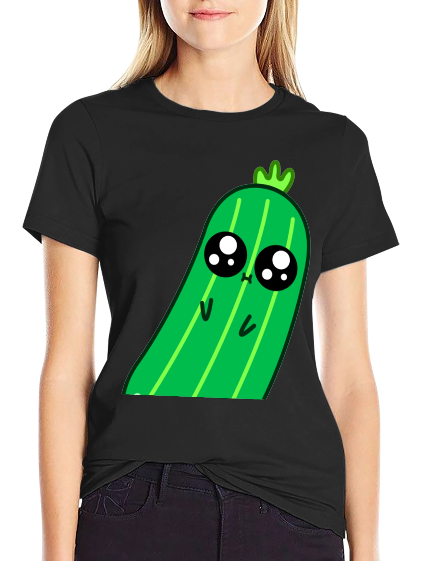 Black Kawaii Pickle Graphic Tee - Cute Food Shirt view 2
