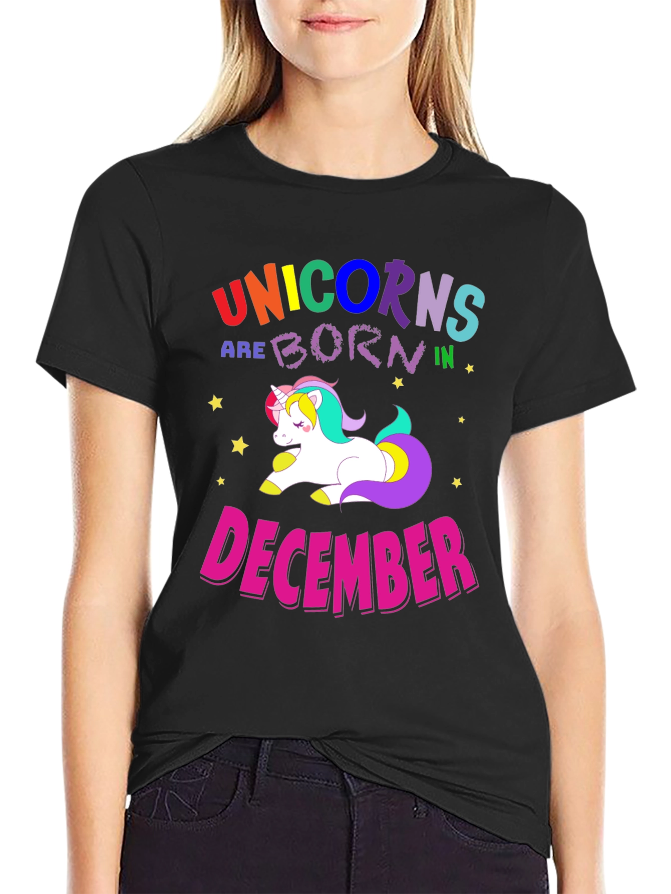 Black Unicorns Born in December T-Shirt view 2