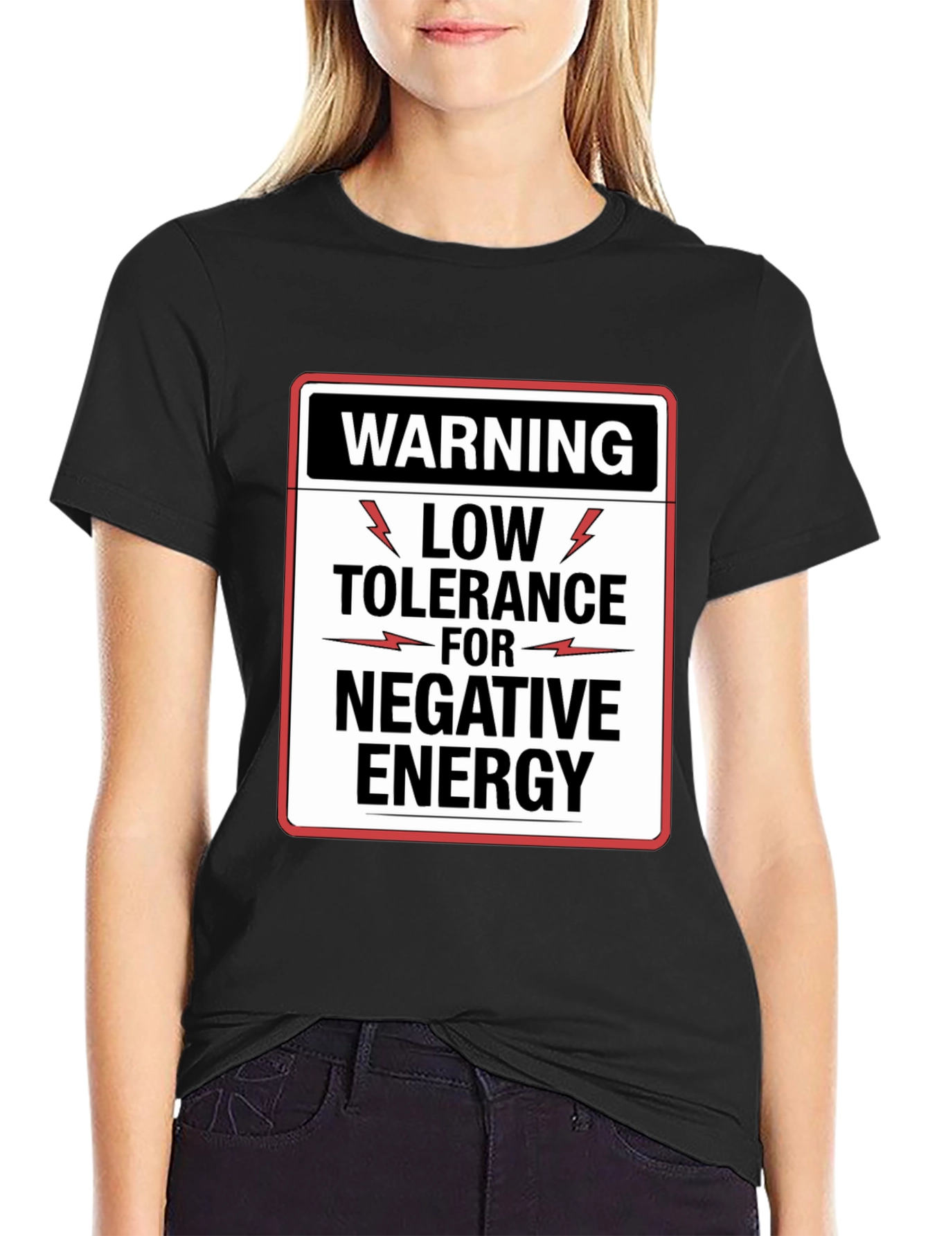 Black Warning Low Tolerance Negative Energy Graphic Tee view 2