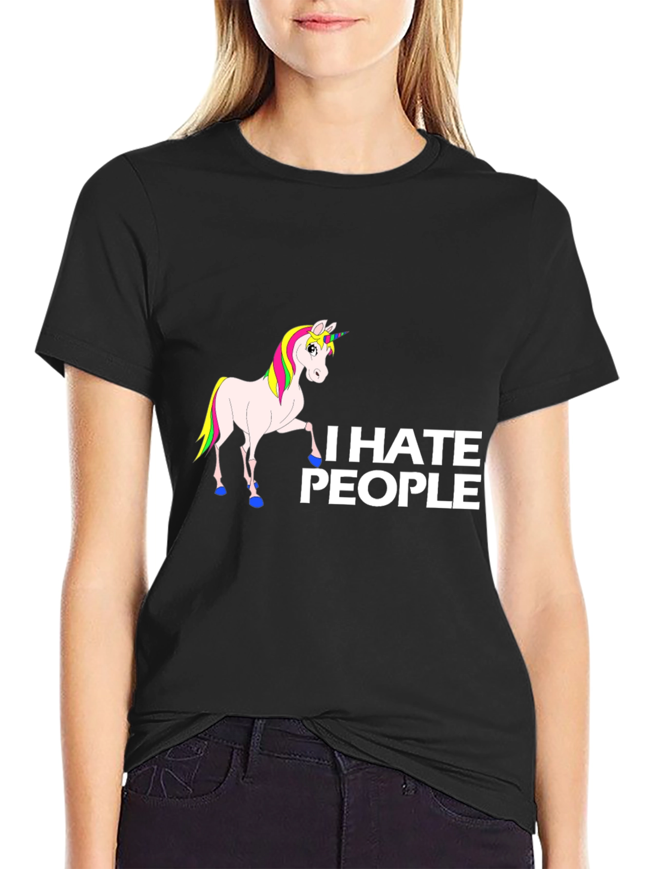 Black I Hate People Unicorn Black T-Shirt view 2