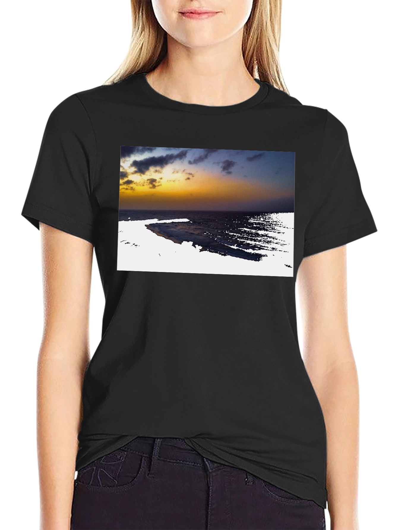Black Ocean Sunset Graphic Tee - Black Cotton T-Shirt view 2