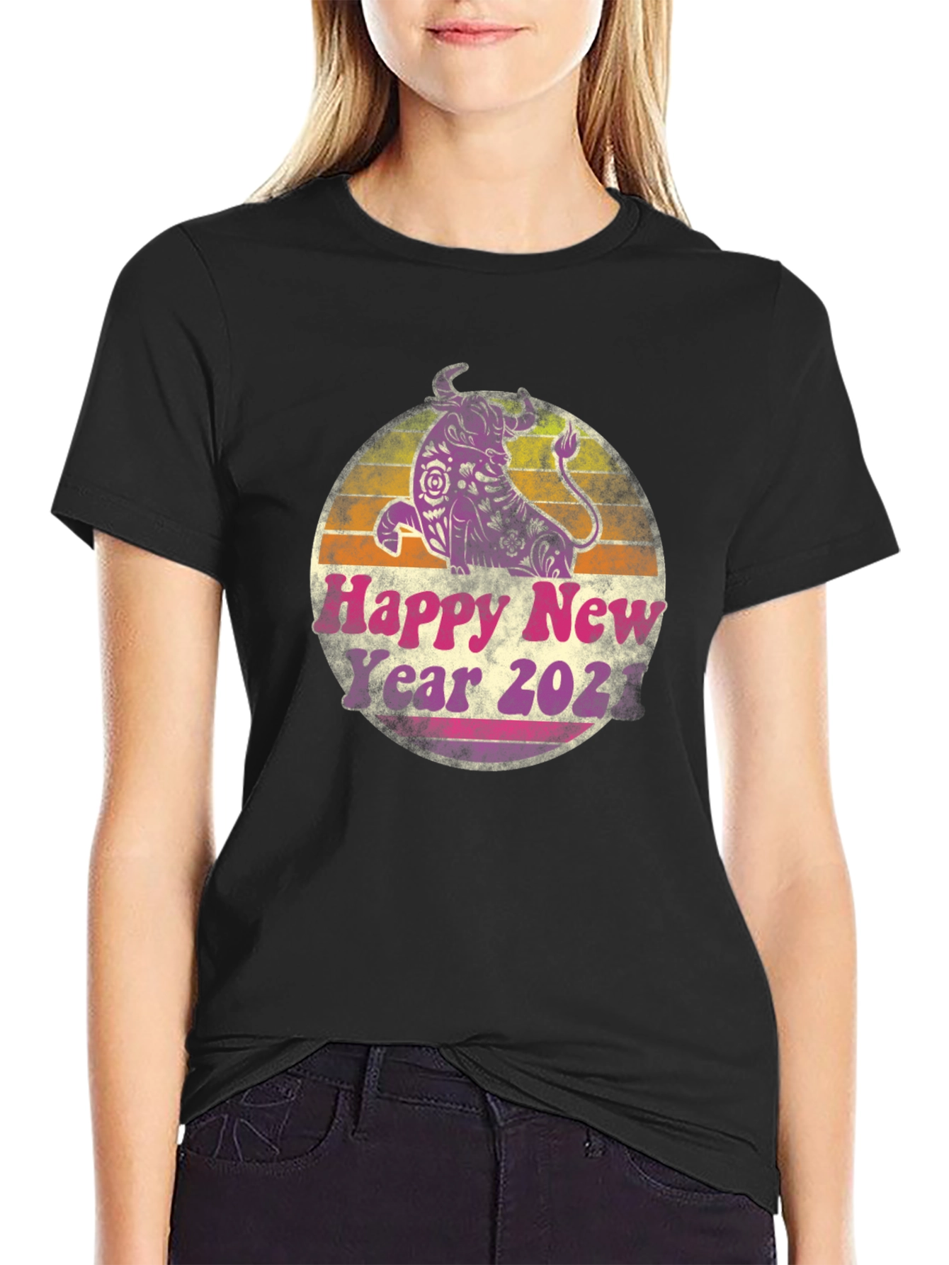 Black Happy New Year 2021 Bull Graphic Tee view 2