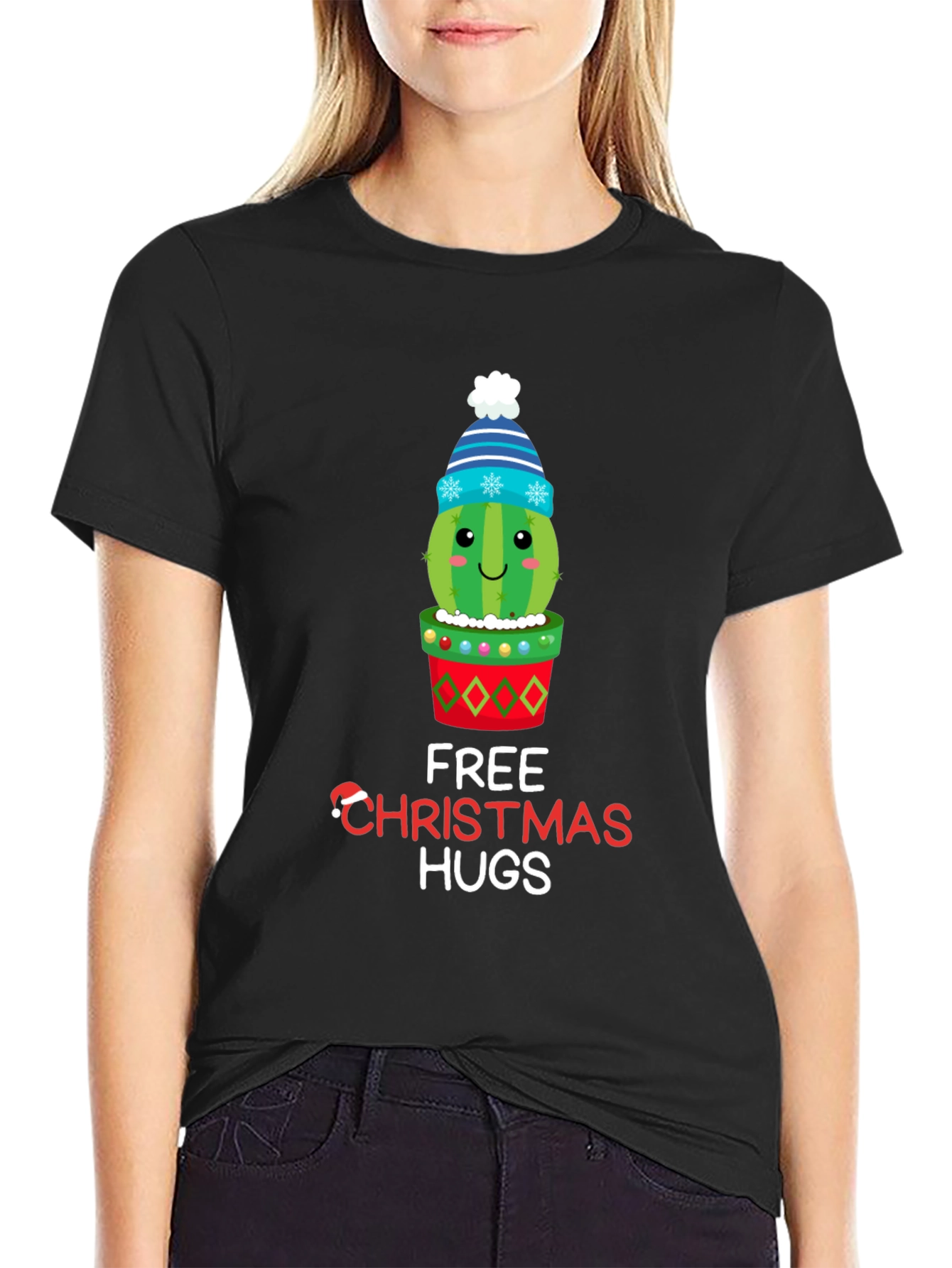 Black Festive Cactus Christmas Hugs T-Shirt view 2