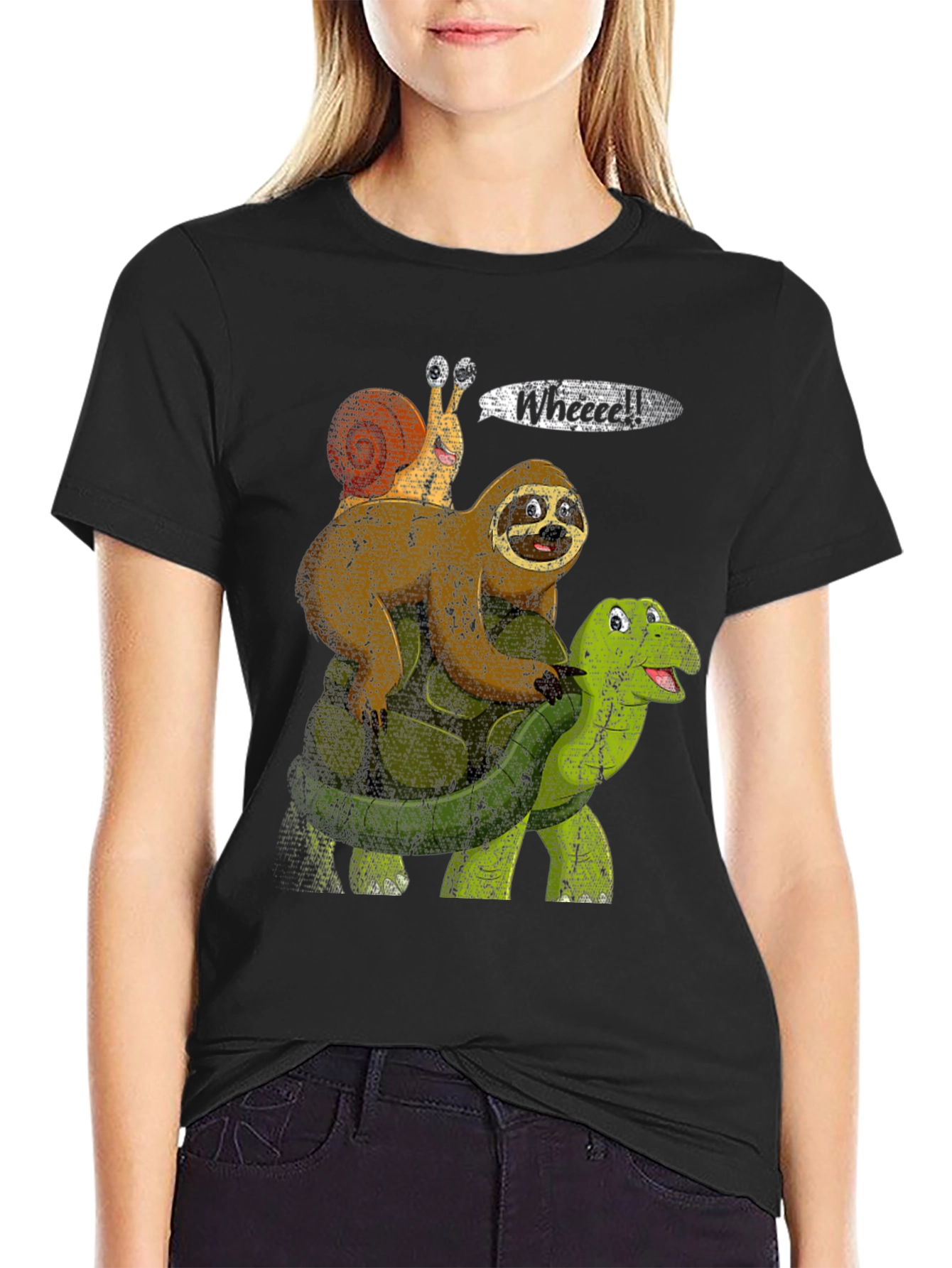 Black Sloth, Snail, Turtle Wheeee! Funny T-Shirt view 2