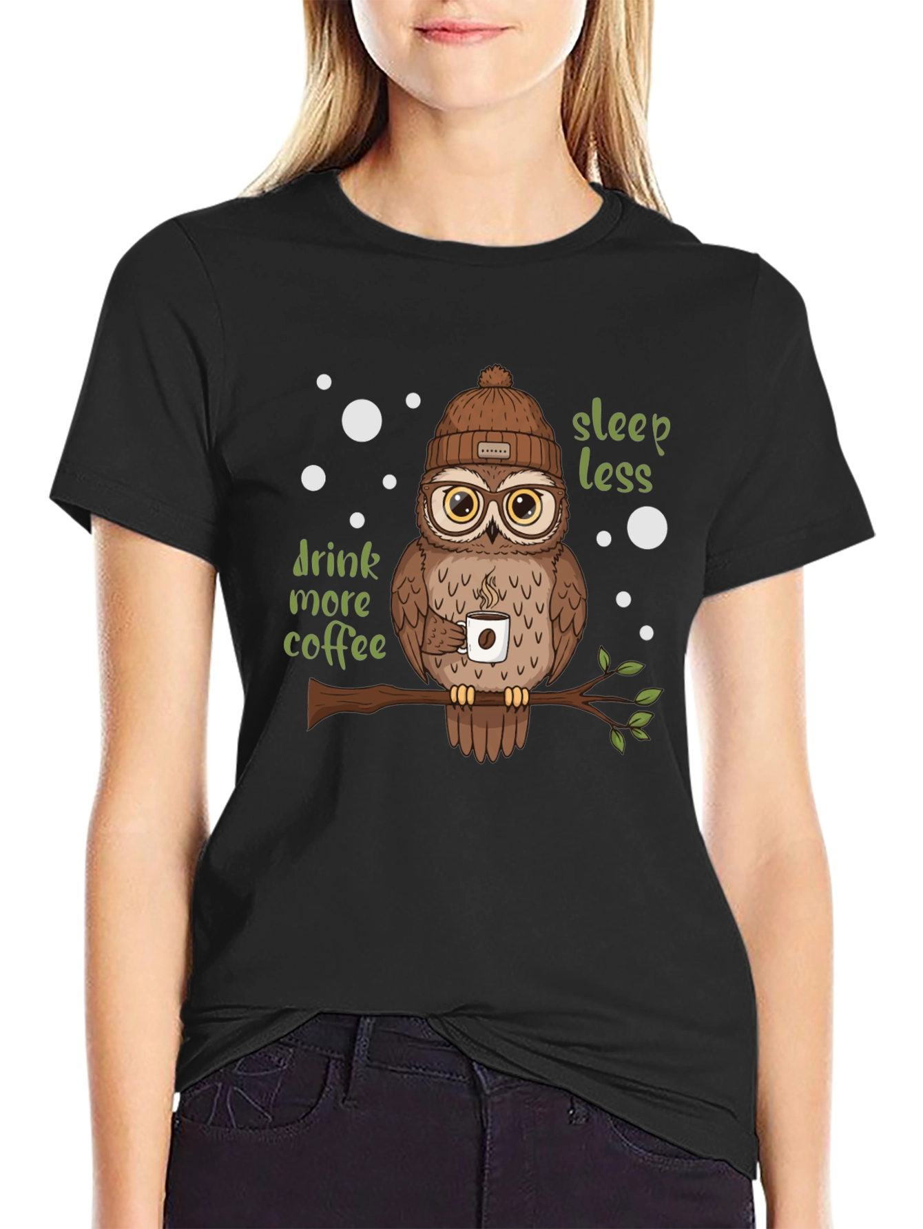 Black Owl Lover T-Shirt - Sleep Less Drink More Coffee view 2