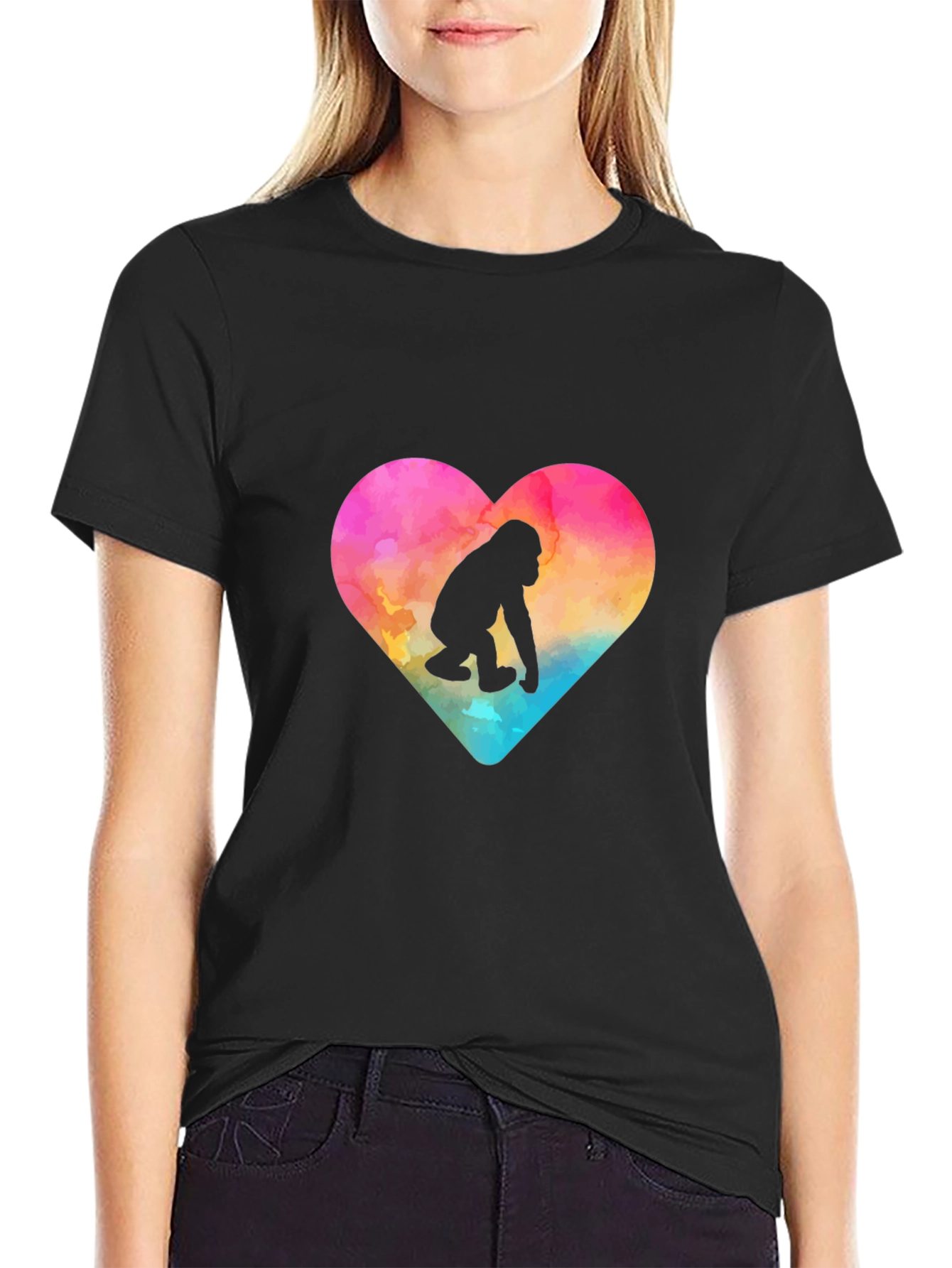 Black Watercolor Gorilla Heart Graphic Tee view 2