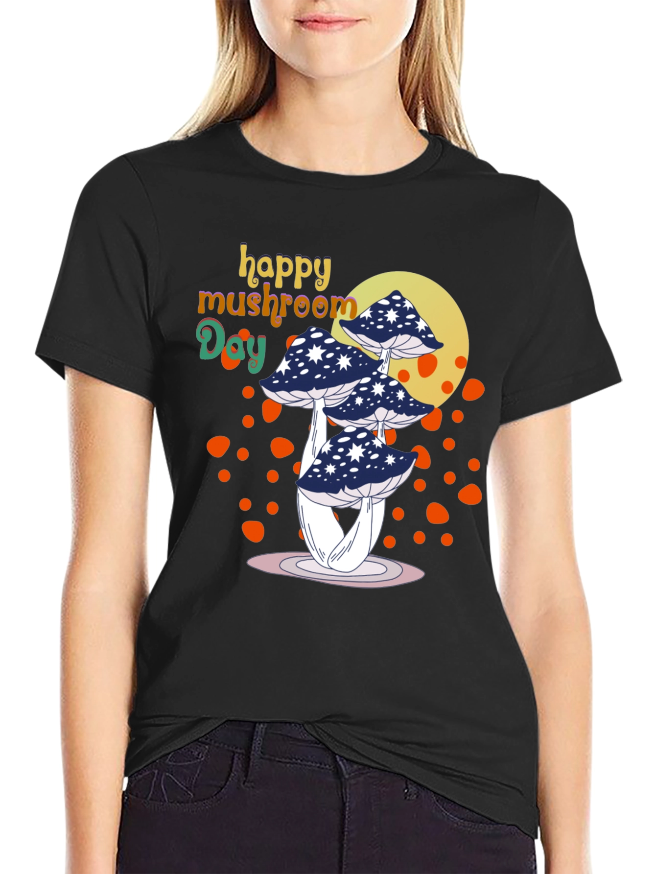 Black Happy Mushroom Day T-Shirt - Unique Graphic Tee view 2