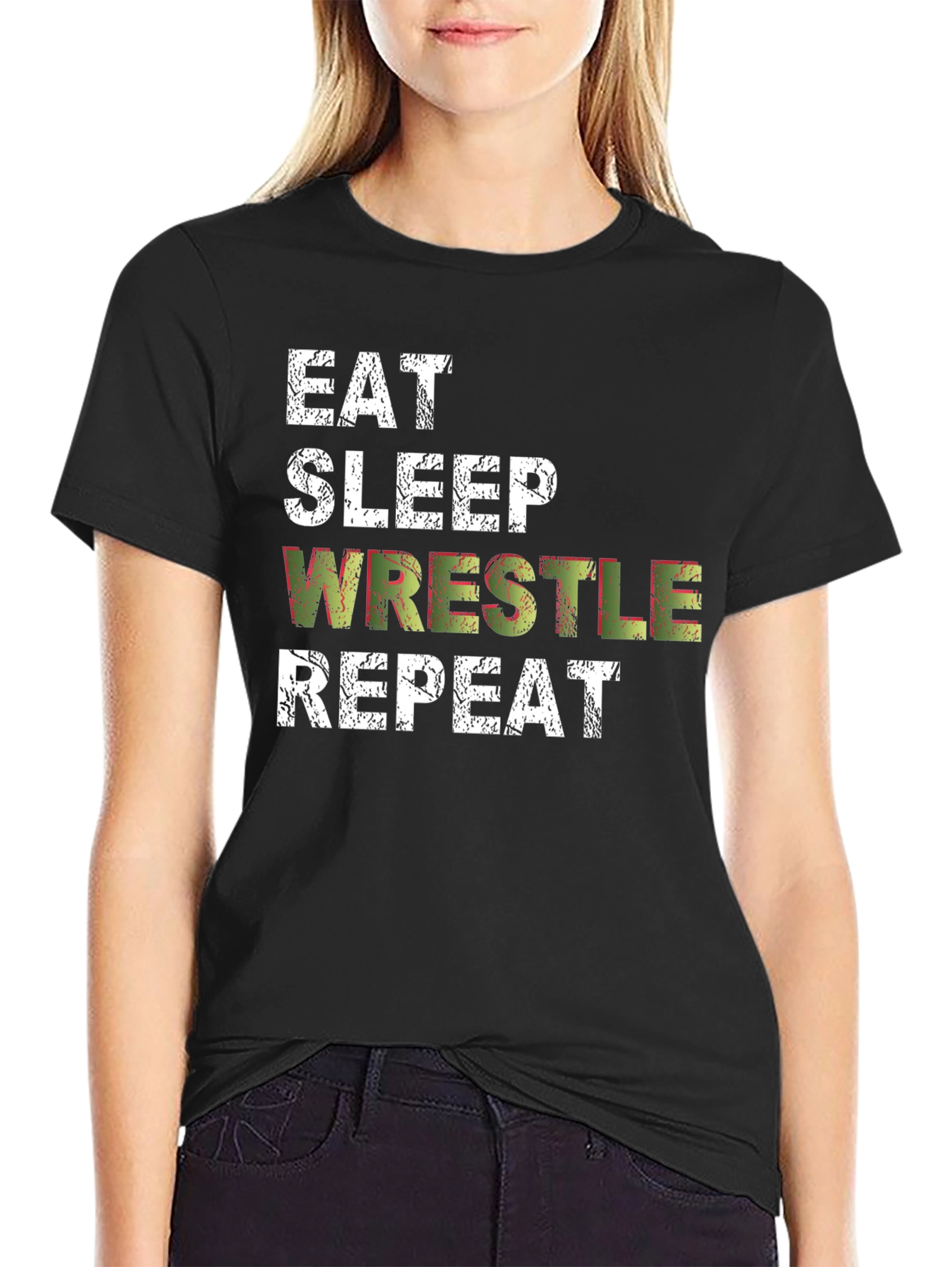 Black Eat Sleep Wrestle Repeat Black T-Shirt view 2
