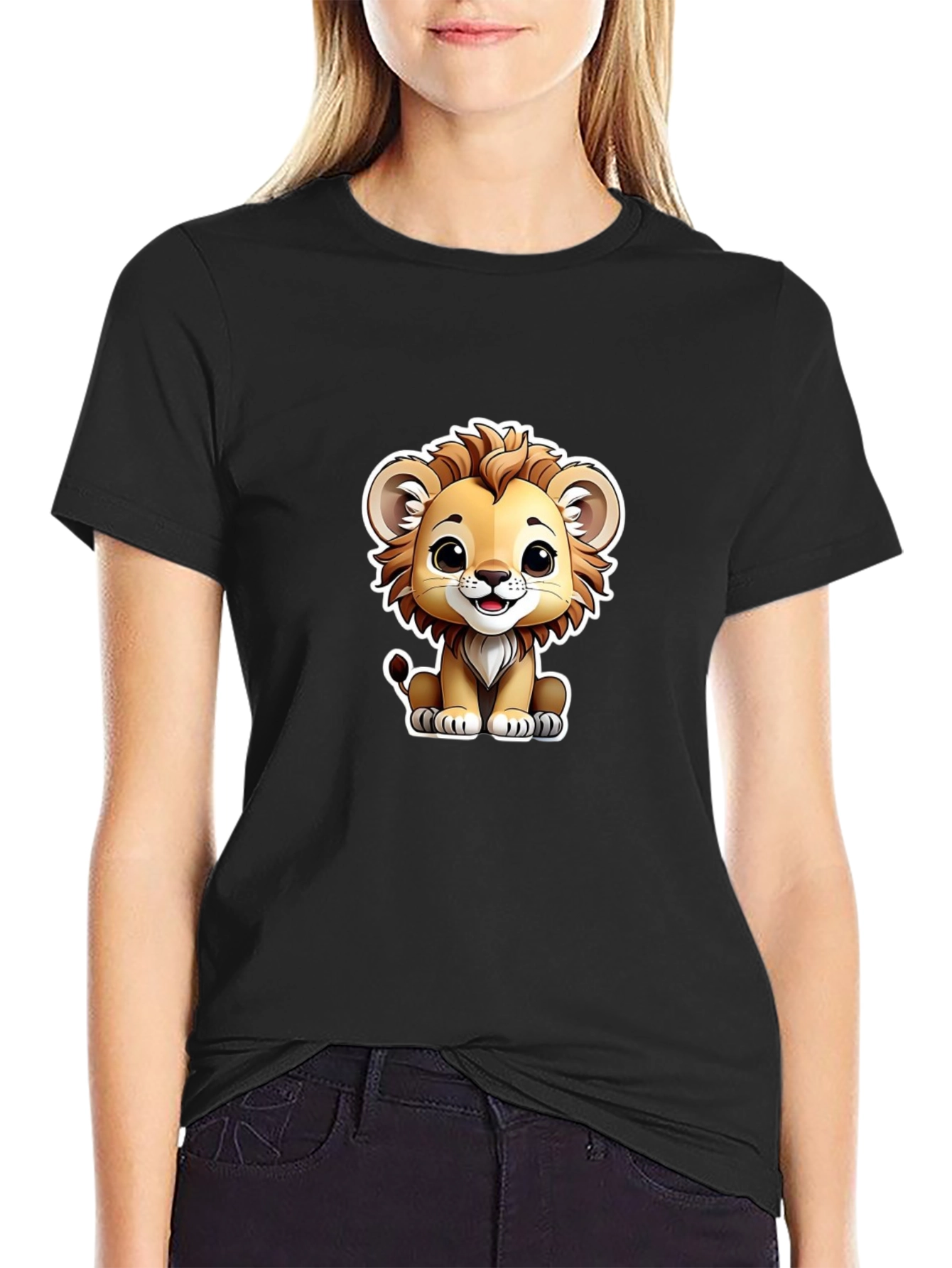 Black Cute Lion Graphic Tee - Black Cotton T-Shirt view 2