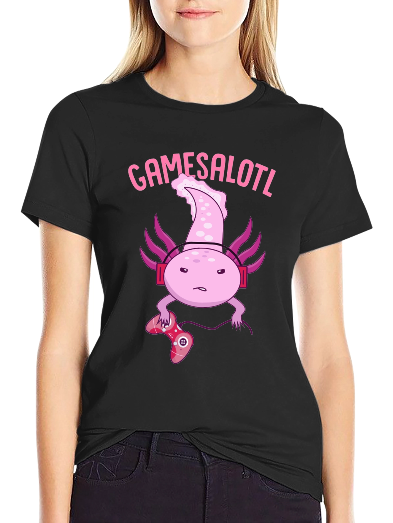 Black Gamesalotl Gamer Axolotl Black Graphic T-Shirt view 2