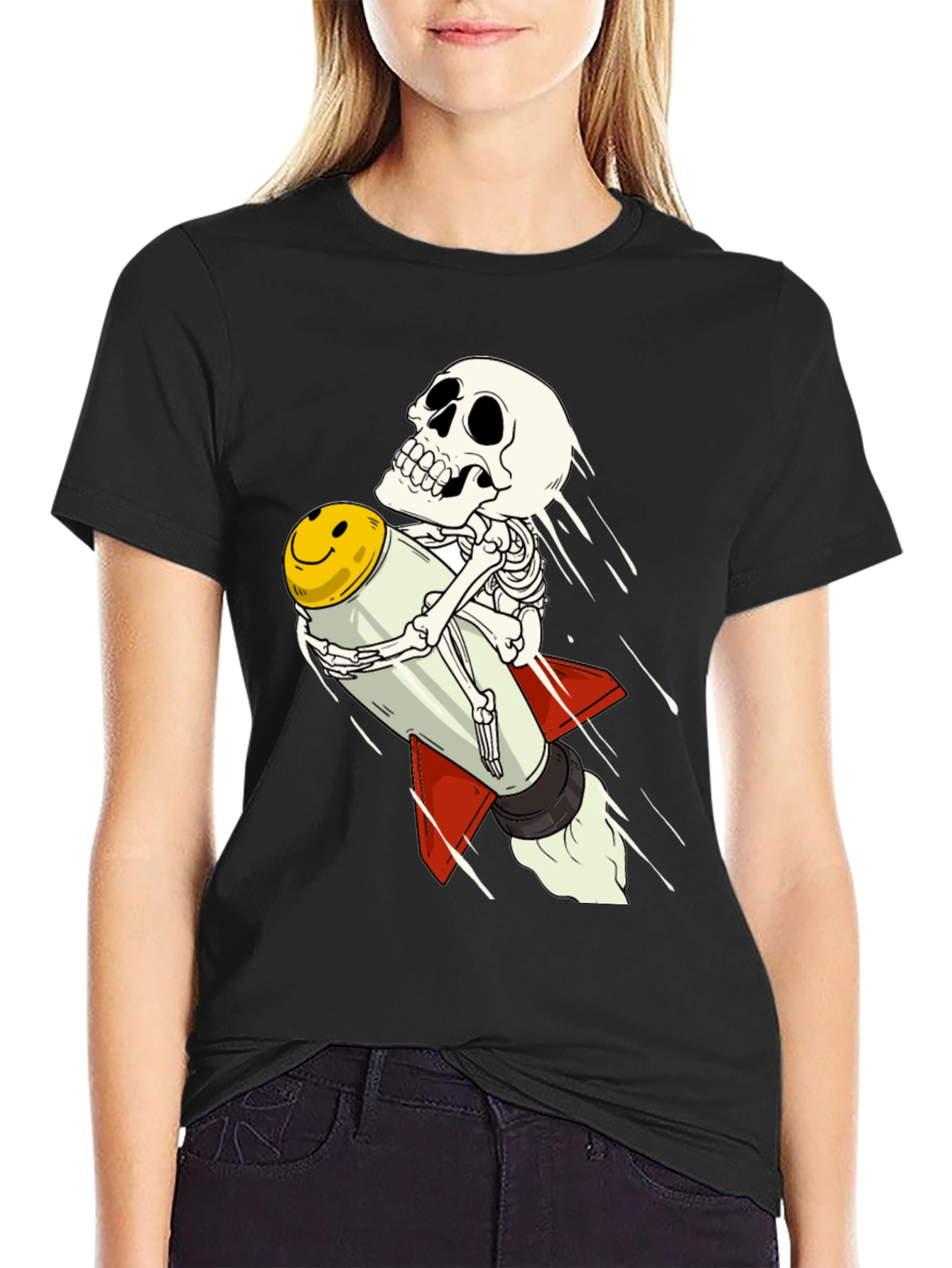 Black Skeleton Rocket Rider T-Shirt - Black Cotton Tee view 2