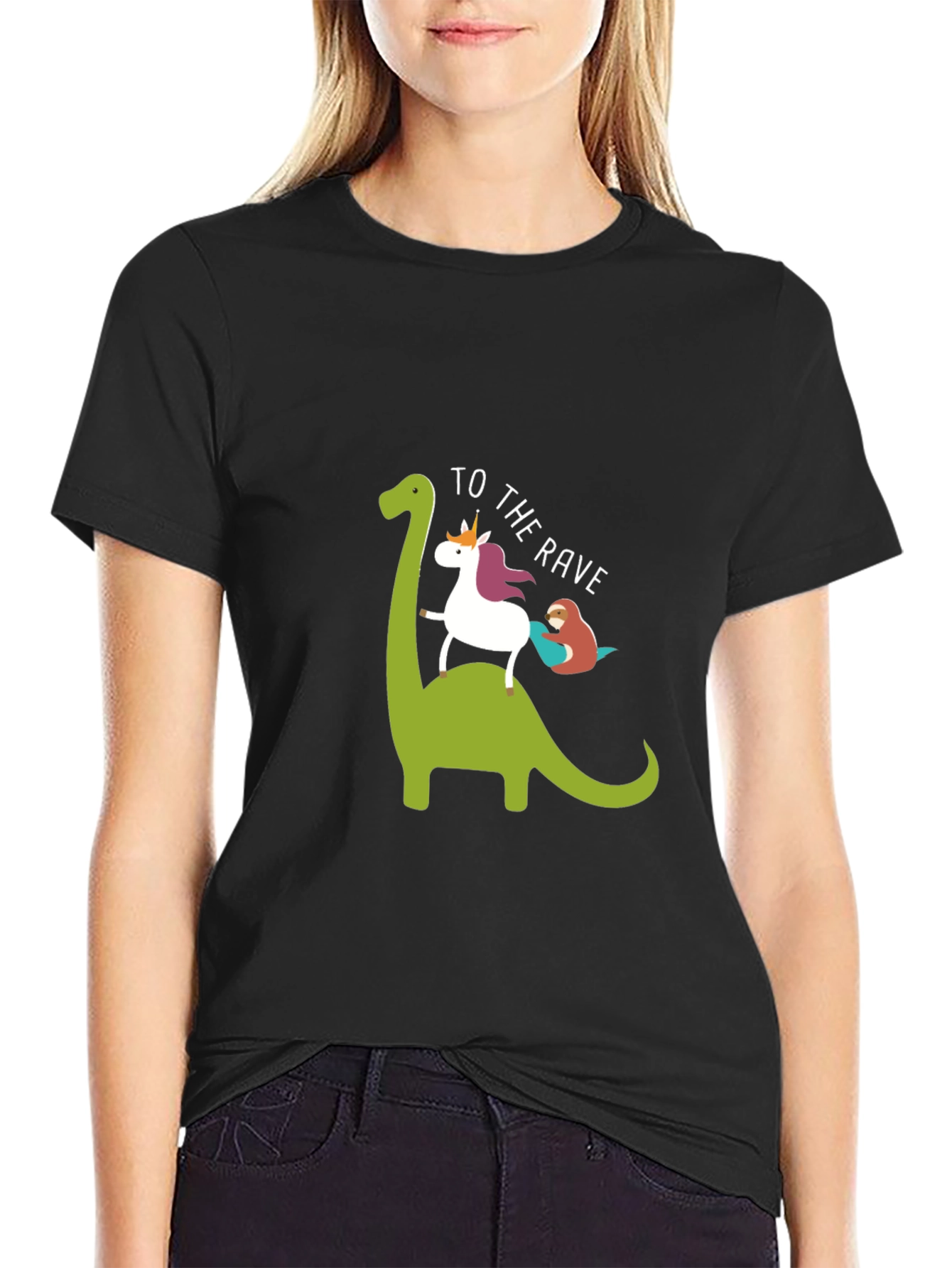 Black Dino Unicorn Rave T-Shirt - Funny Graphic Tee view 2