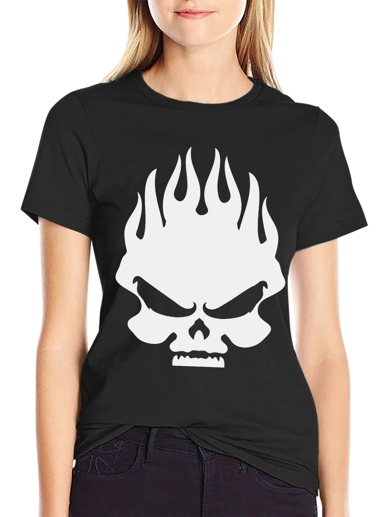 Black Skull Flames Graphic Print Men's Black T-Shirt view 2