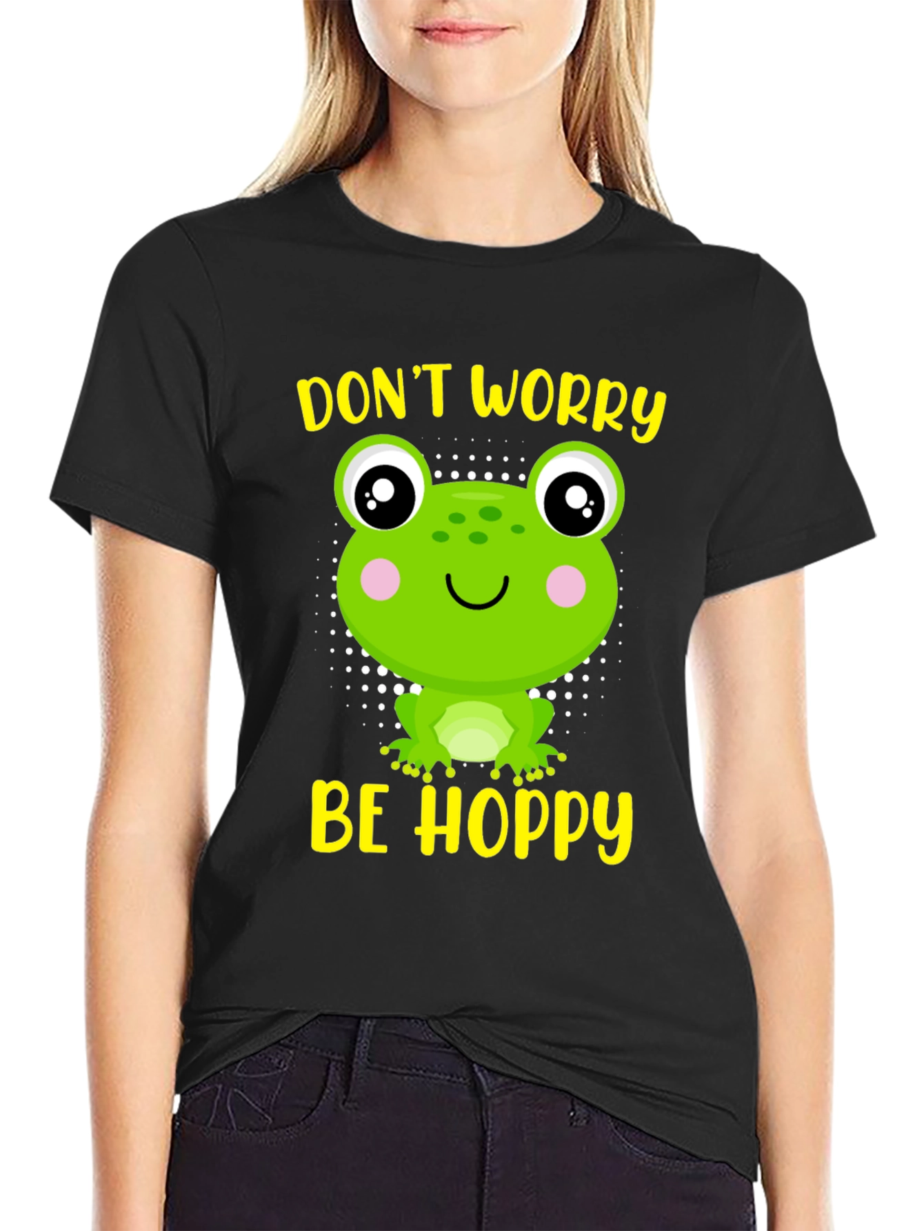 Black Don't Worry Be Hoppy Frog Graphic Tee view 2