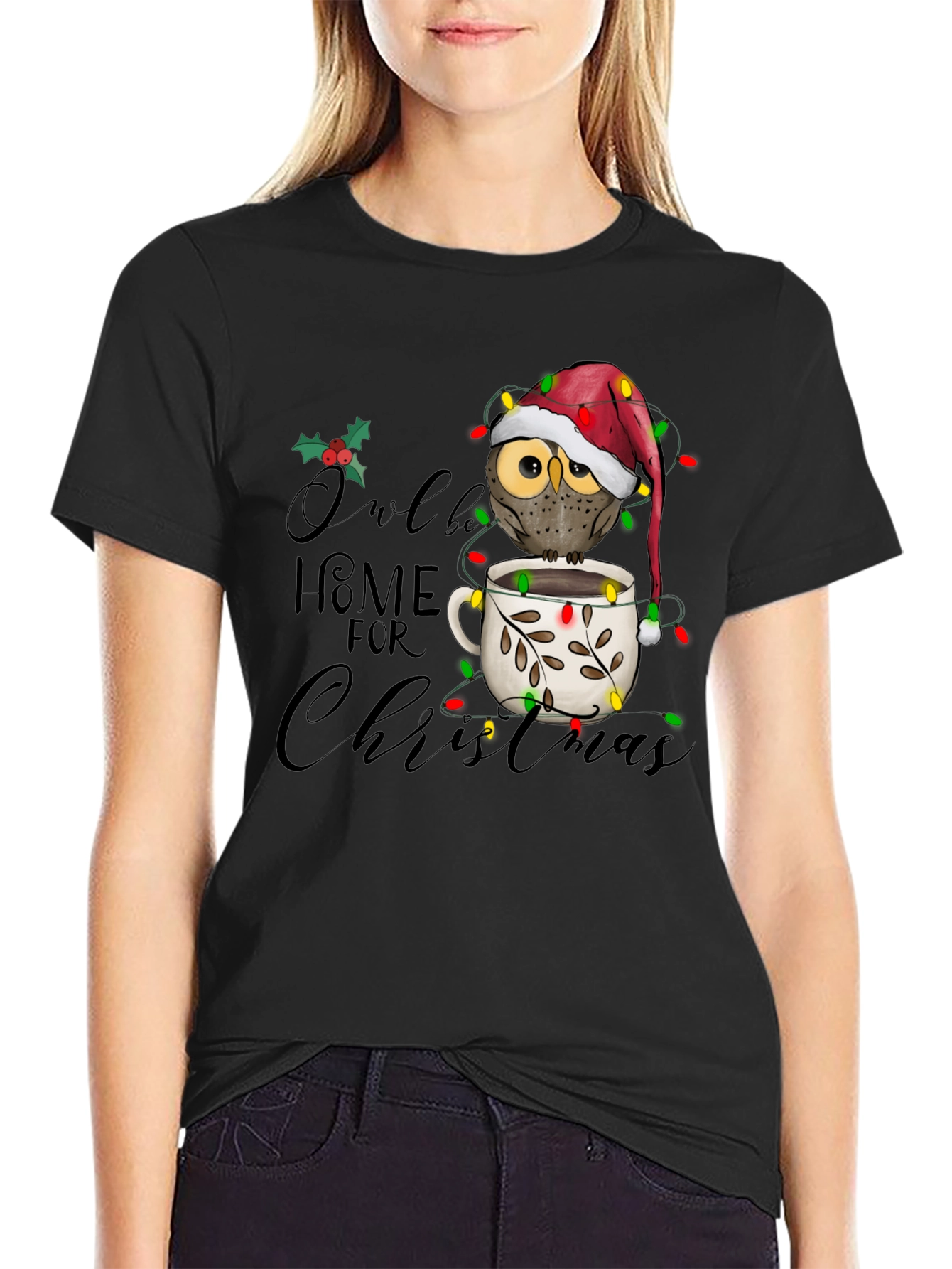Black Owl Be Home for Christmas Graphic Tee view 2