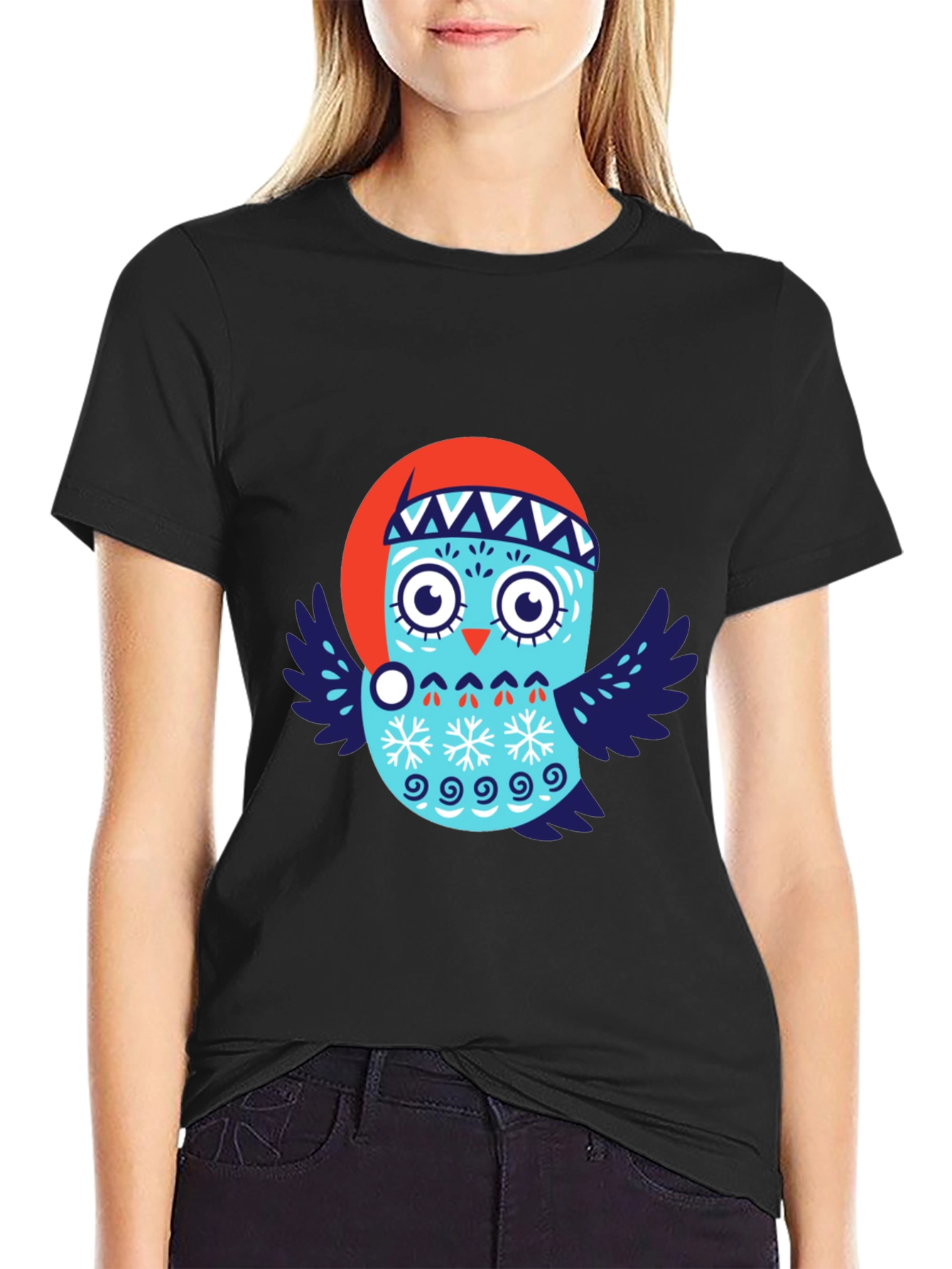 Black Festive Owl T-Shirt - Holiday Design view 2