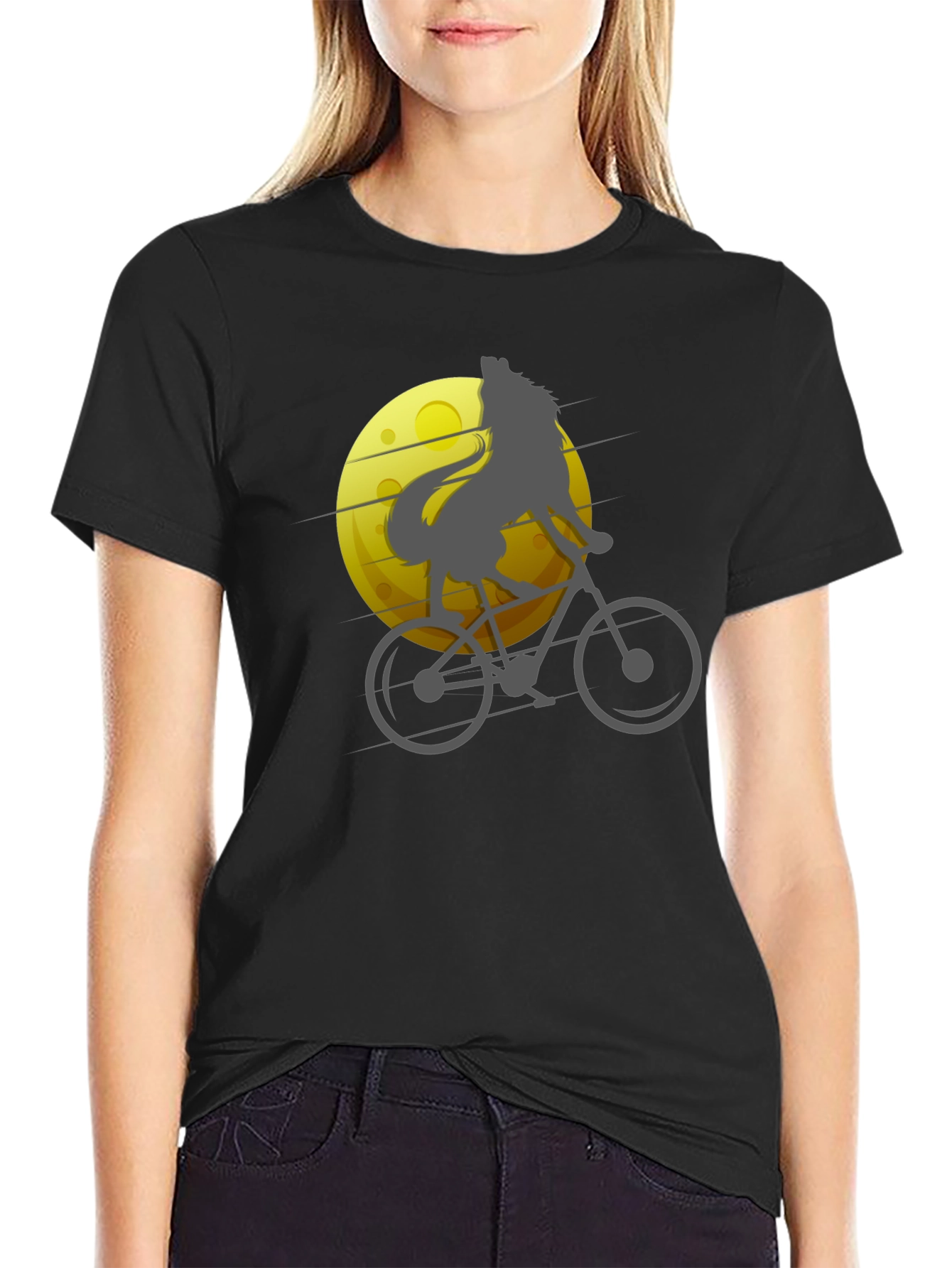 Black Wolf Riding Bike T-Shirt - Moon Graphic Tee view 2