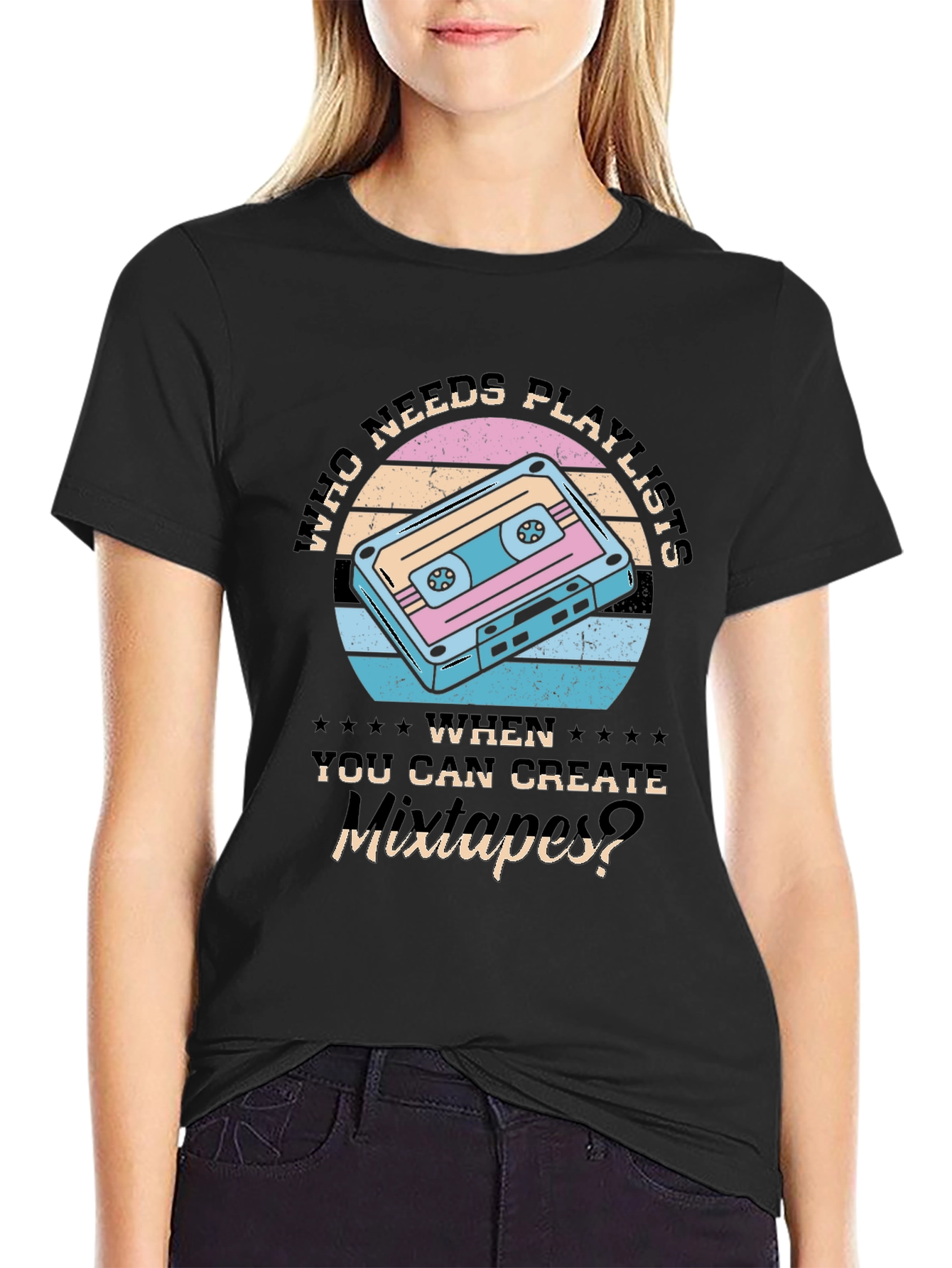 Black Retro Mixtape T-Shirt - Who Needs Playlists? view 2