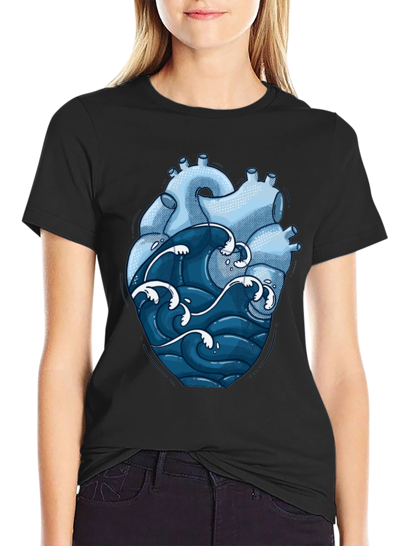 Black Anatomical Heart & Ocean Wave Graphic Tee view 2