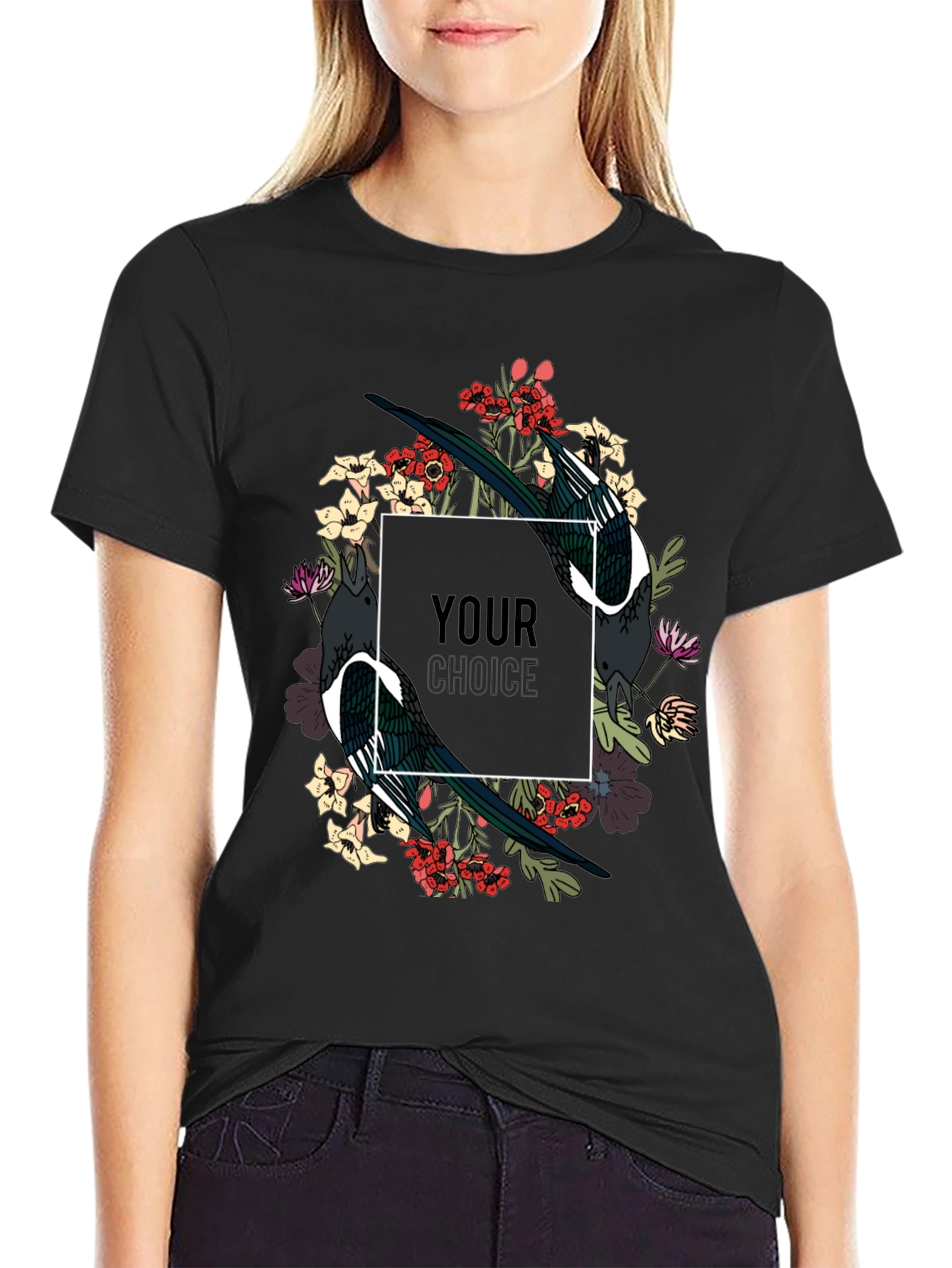 Black Floral Bird Graphic T-Shirt view 2