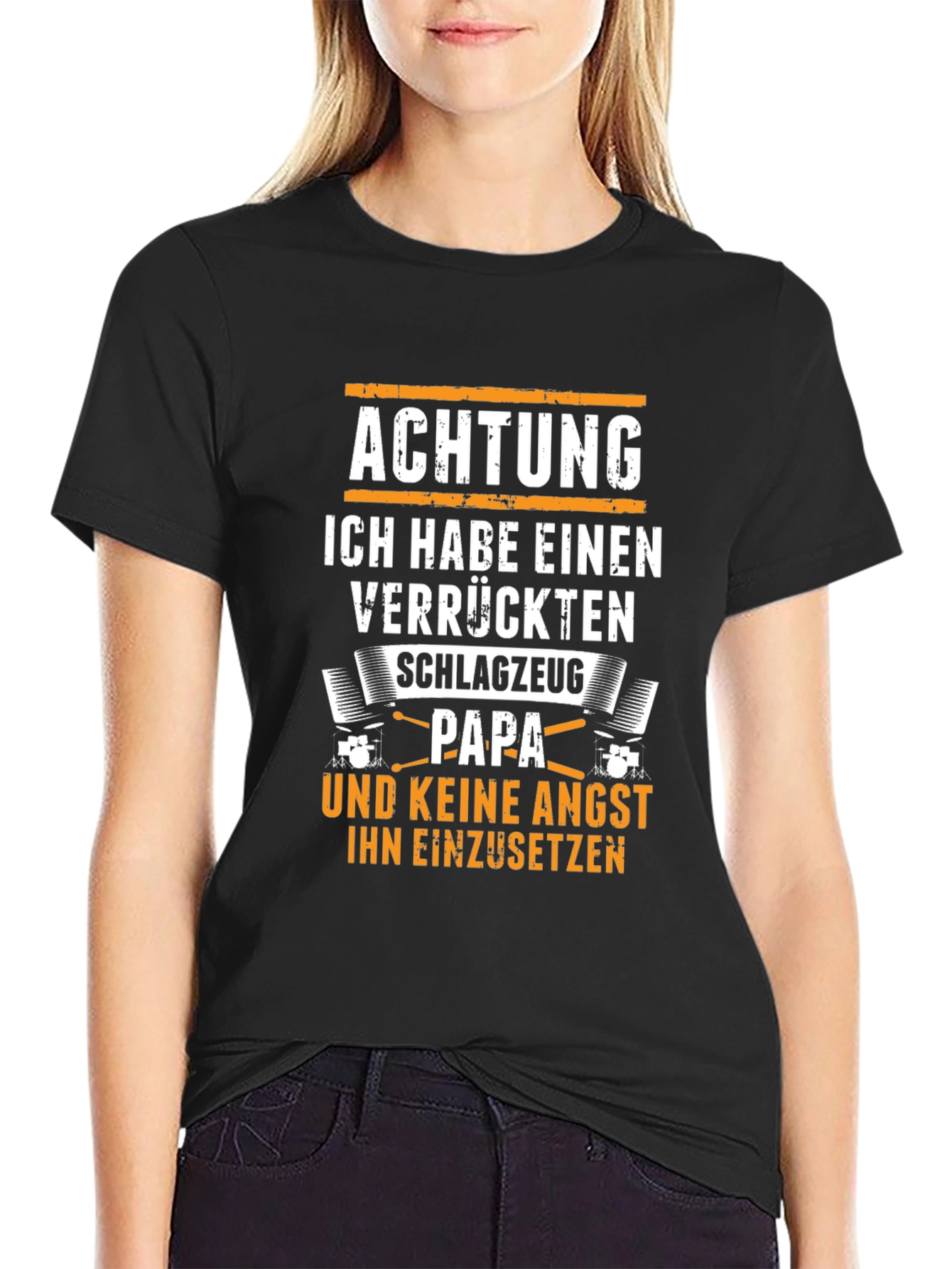Black Achtung Schlagzeug Papa T-Shirt view 2
