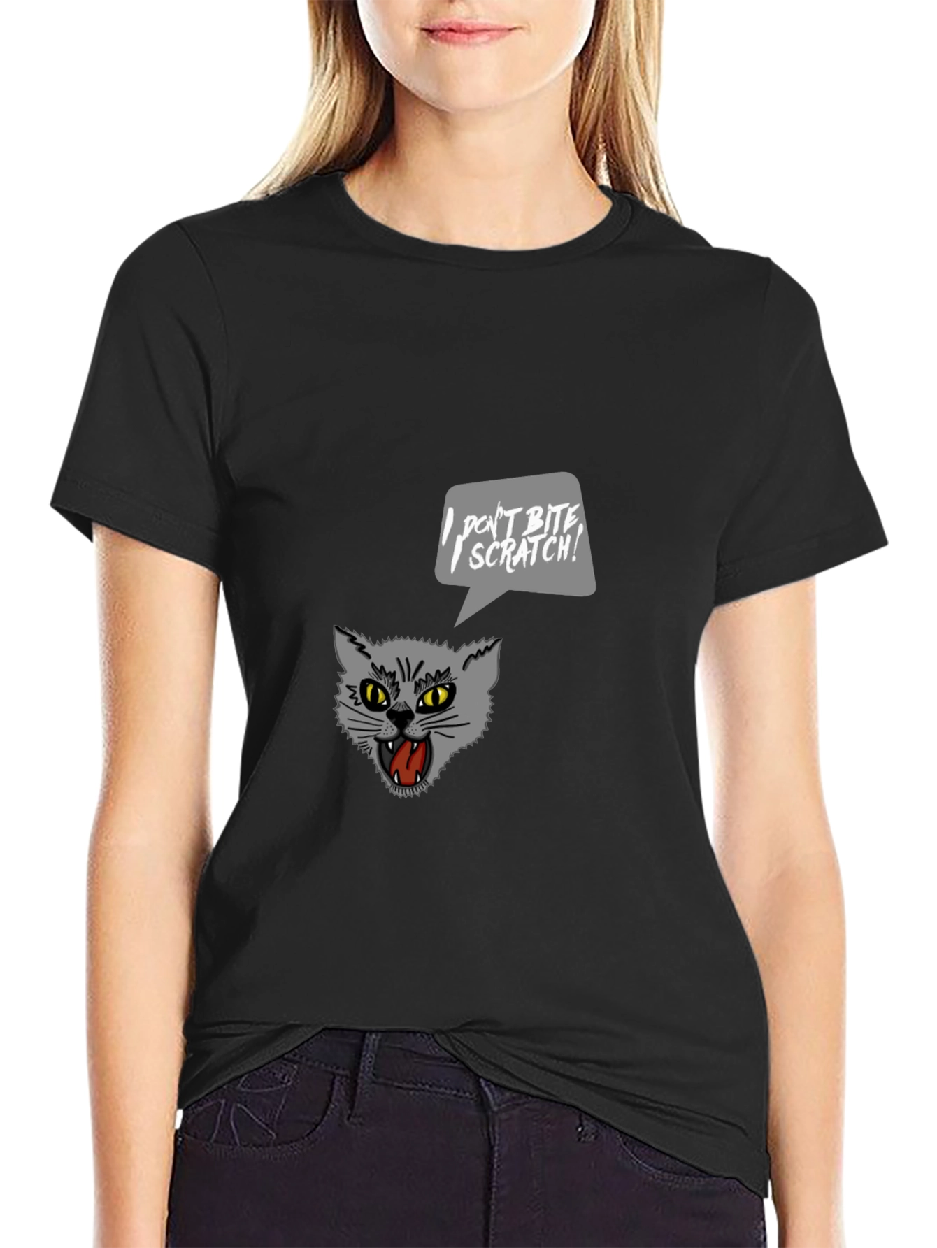 Black Cat-itude T-Shirt: "I Don't Bite, I Scratch!" view 2