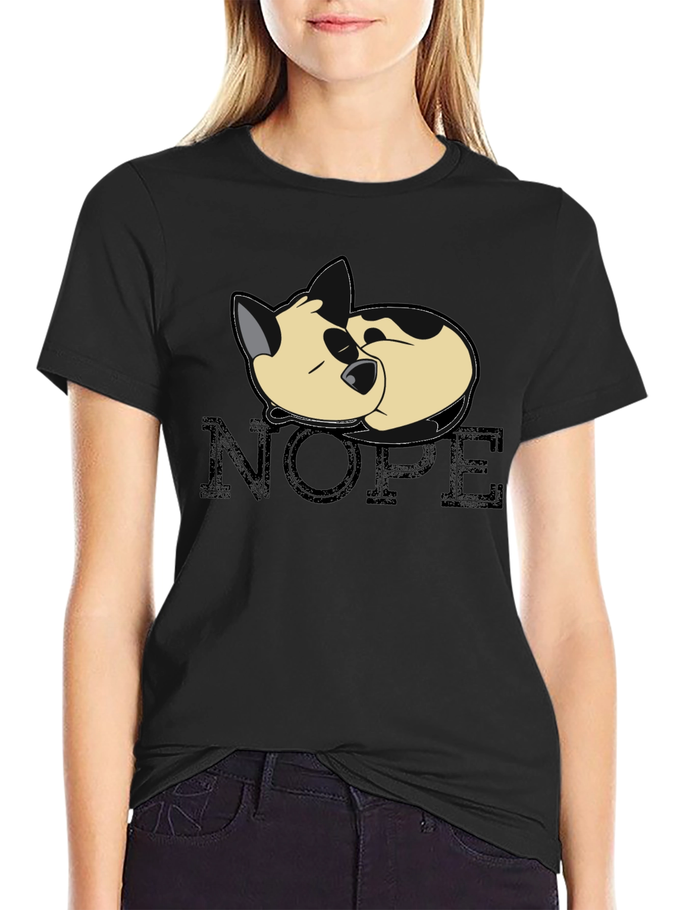 Black Nope Cat Black T-Shirt - Relaxed Sleepy Kitten Tee view 2