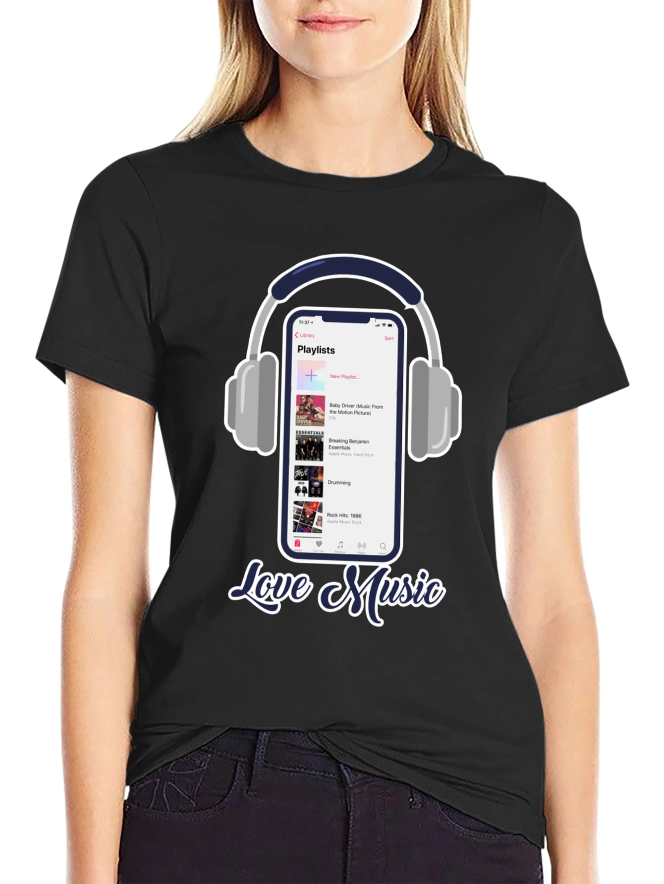 Black Love Music T-Shirt with Playlist & Headphones Design view 2