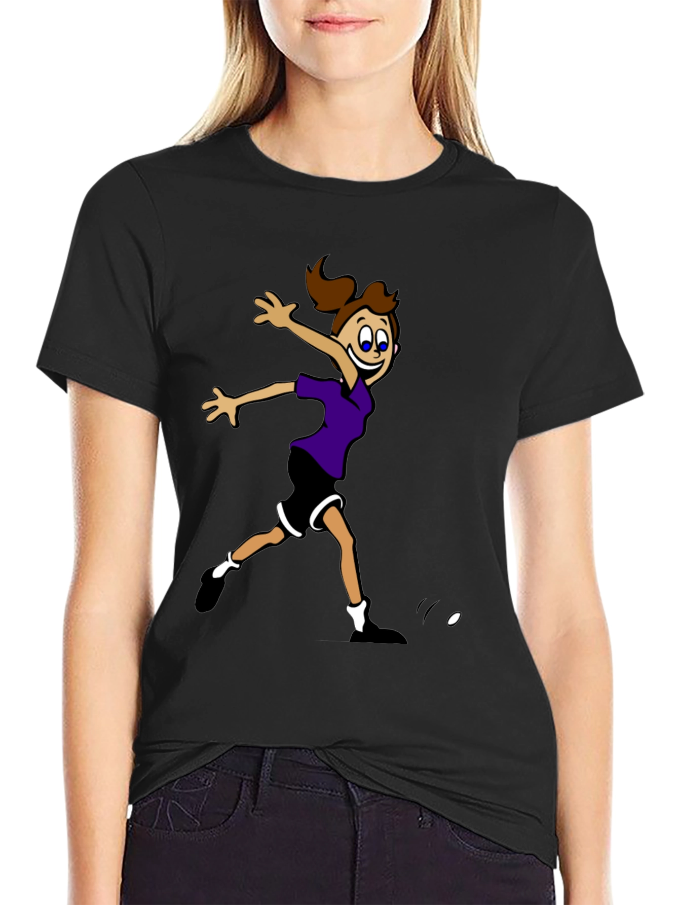Black Cartoon Girl's Sporty Graphic Black T-Shirt view 2