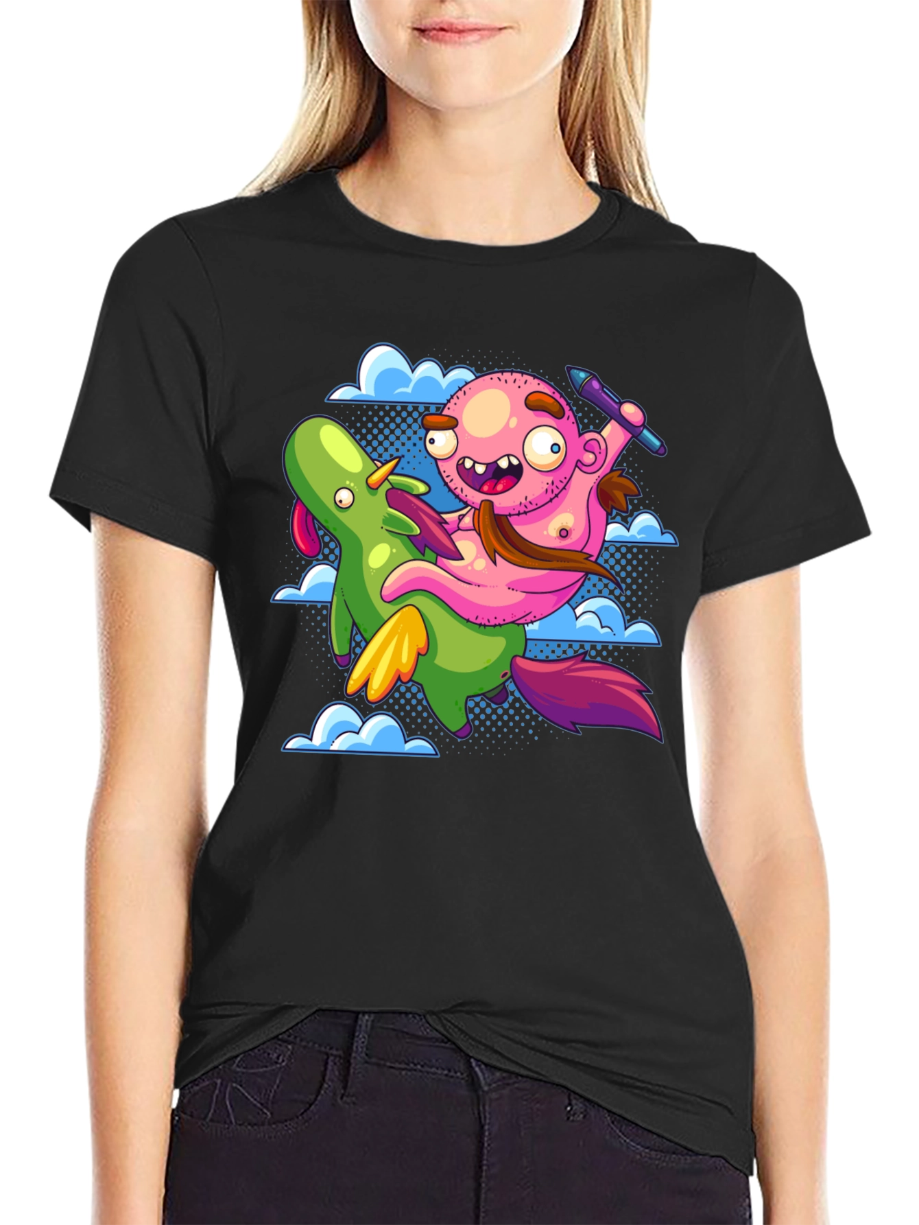 Black Cartoon Artist Riding Unicorn T-Shirt view 2