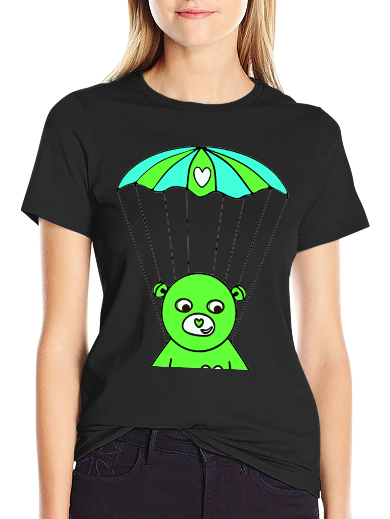 Black Whimsical Bear Parachute T-Shirt view 2