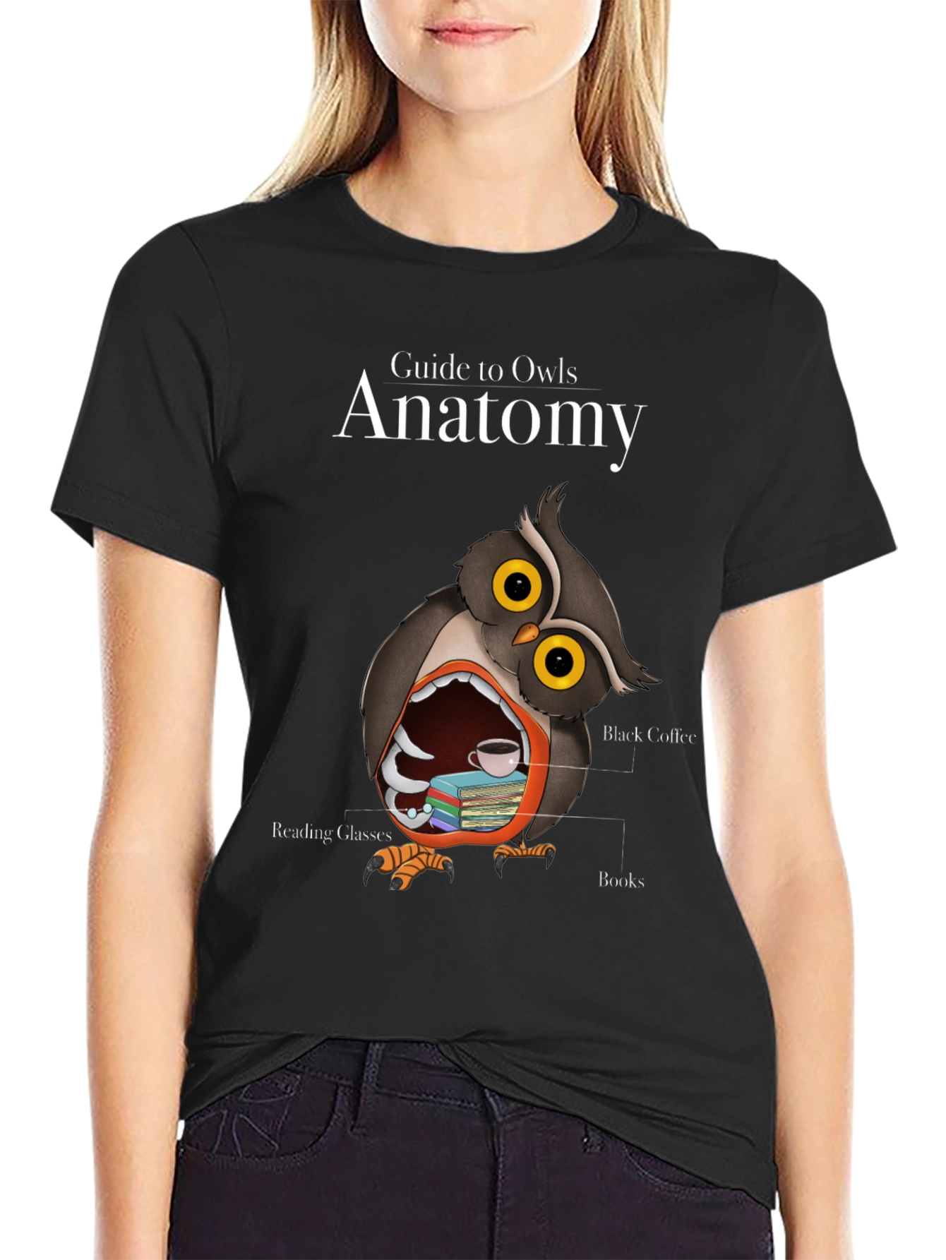 Black Owl Anatomy T-Shirt - Guide to Owls Novelty Tee view 2