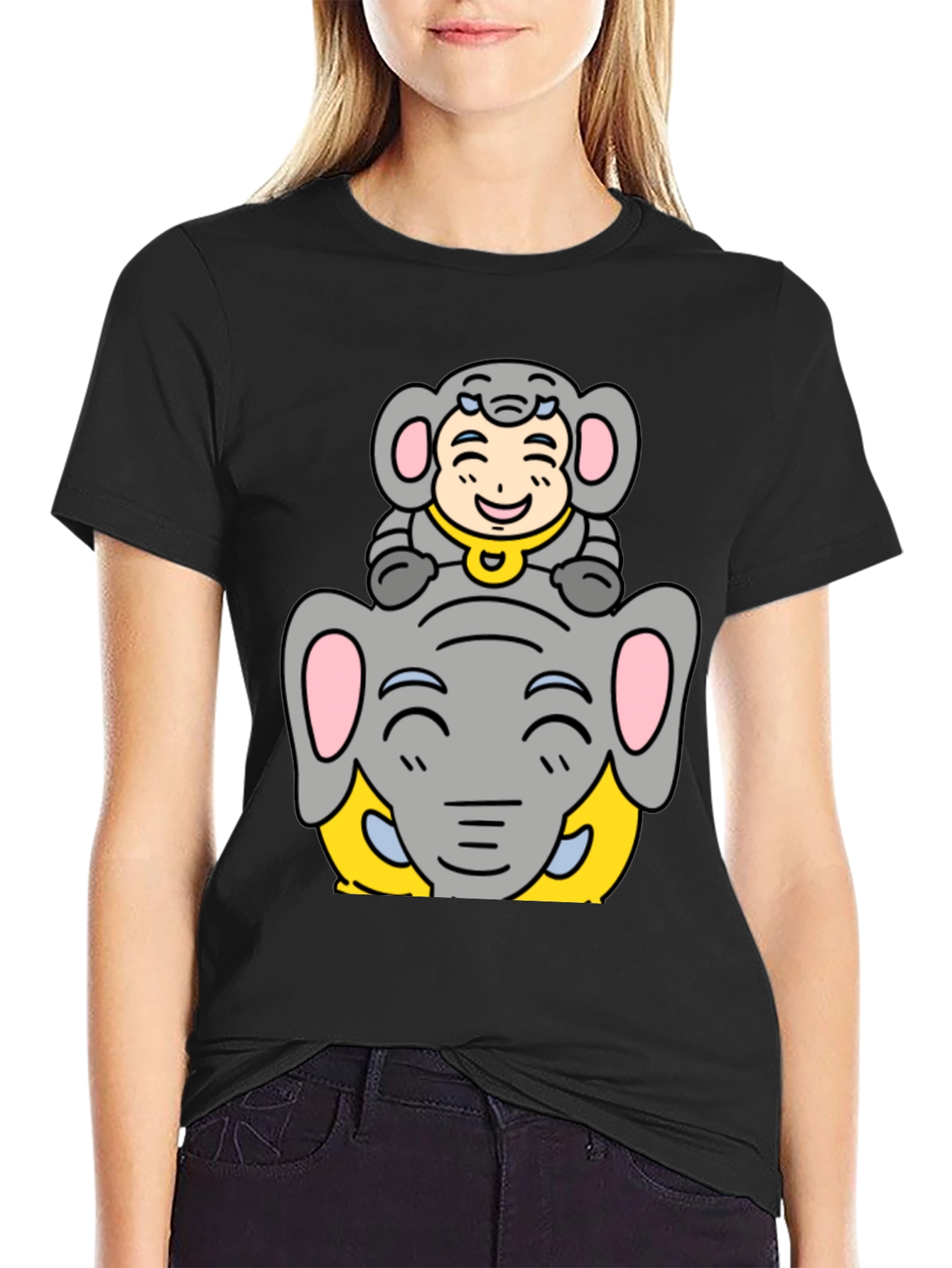 Black Elephant & Kid Graphic Tee - Black Cotton Blend Shirt view 2