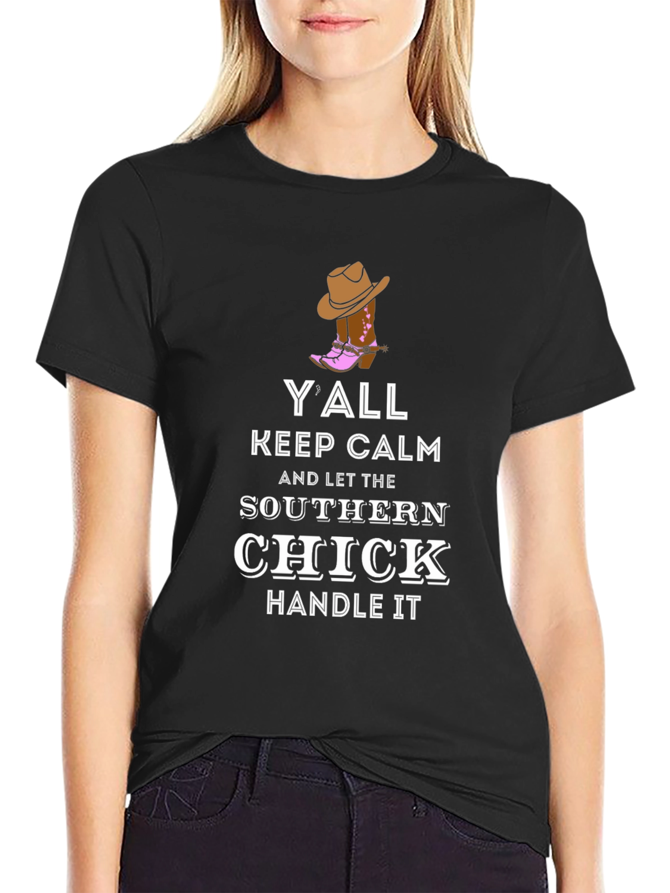 Black Y'all Keep Calm Southern Chick T-Shirt view 2