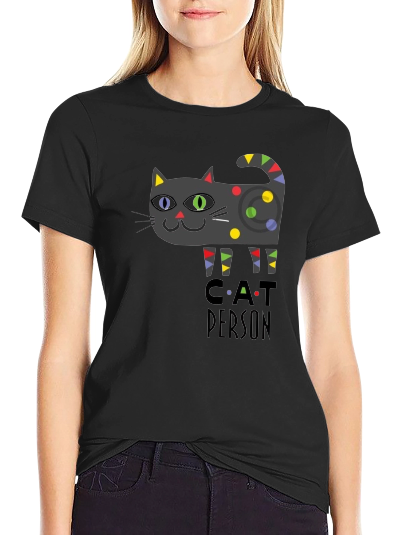 Black Cat Person Graphic Print T-Shirt - Novelty Tee view 2