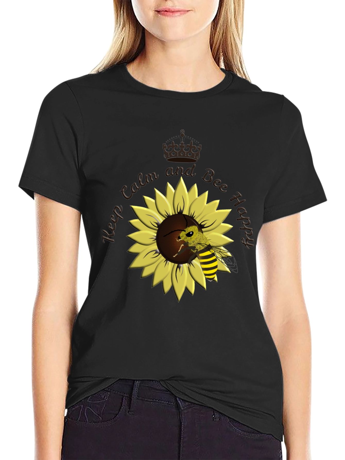 Black Keep Calm and Bee Happy Sunflower T-Shirt view 2