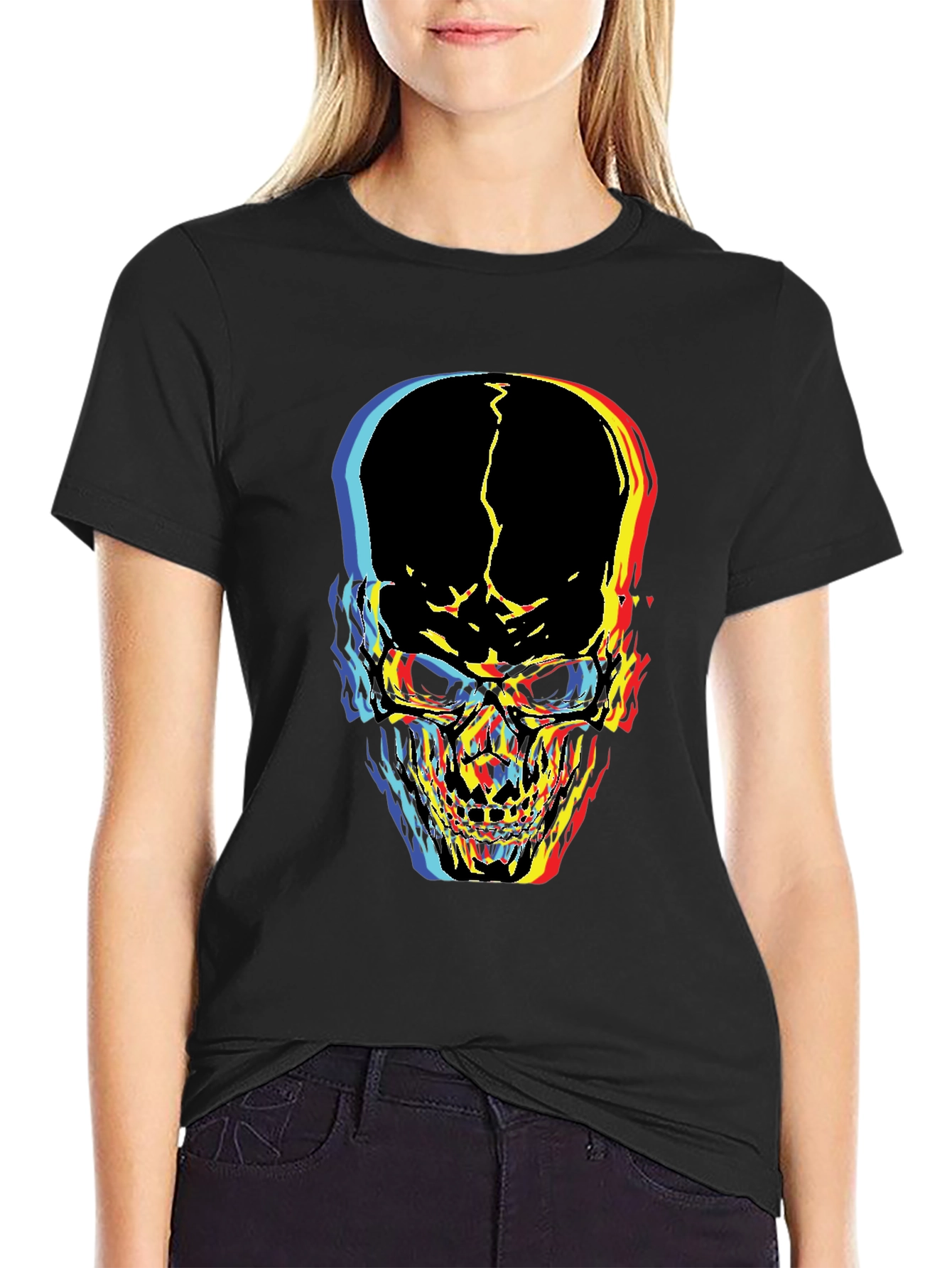 Black Distorted Skull Graphic Black T-Shirt view 2
