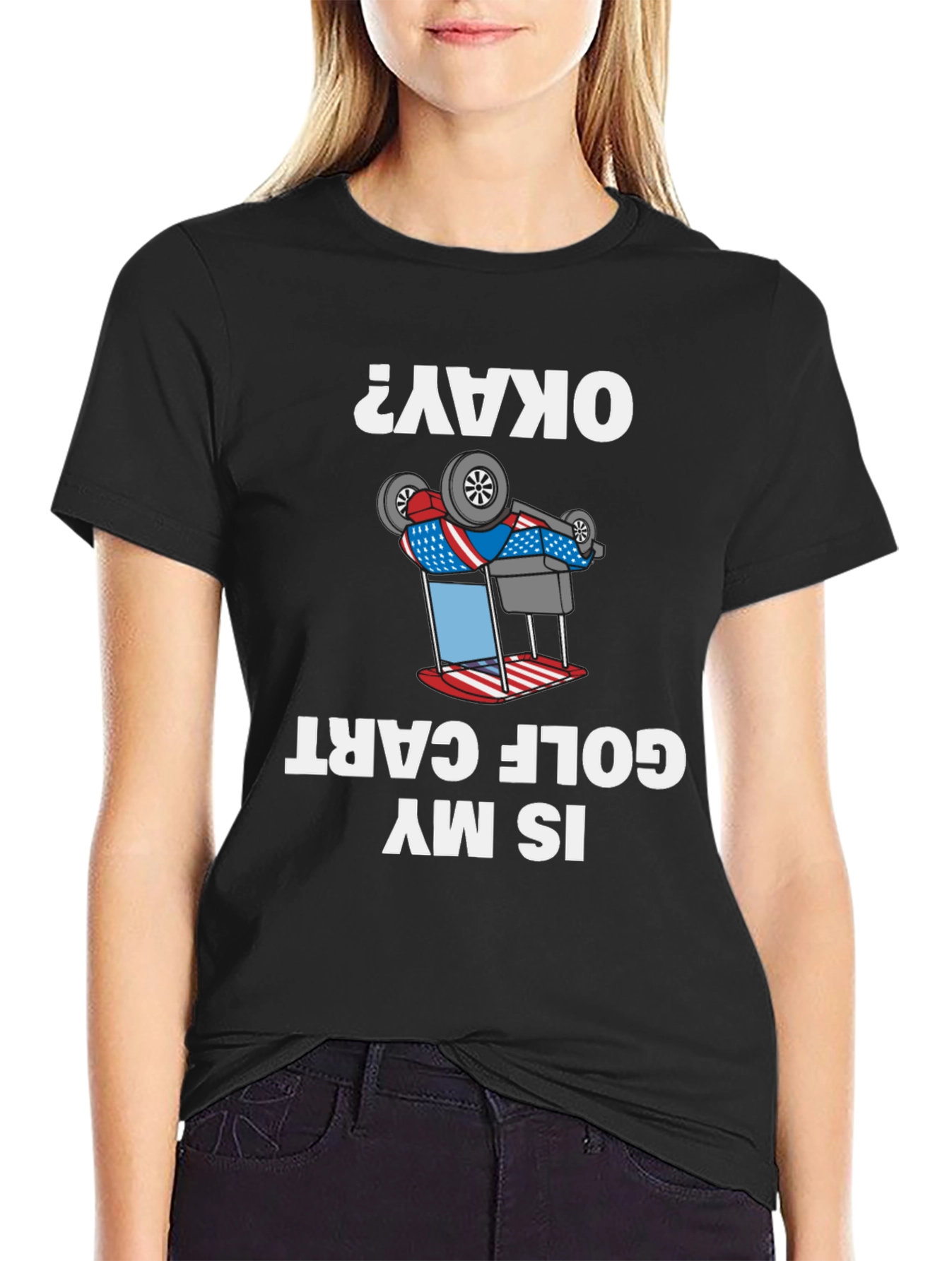 Black Funny Inverted Golf Cart T-Shirt - "Okay?" view 2