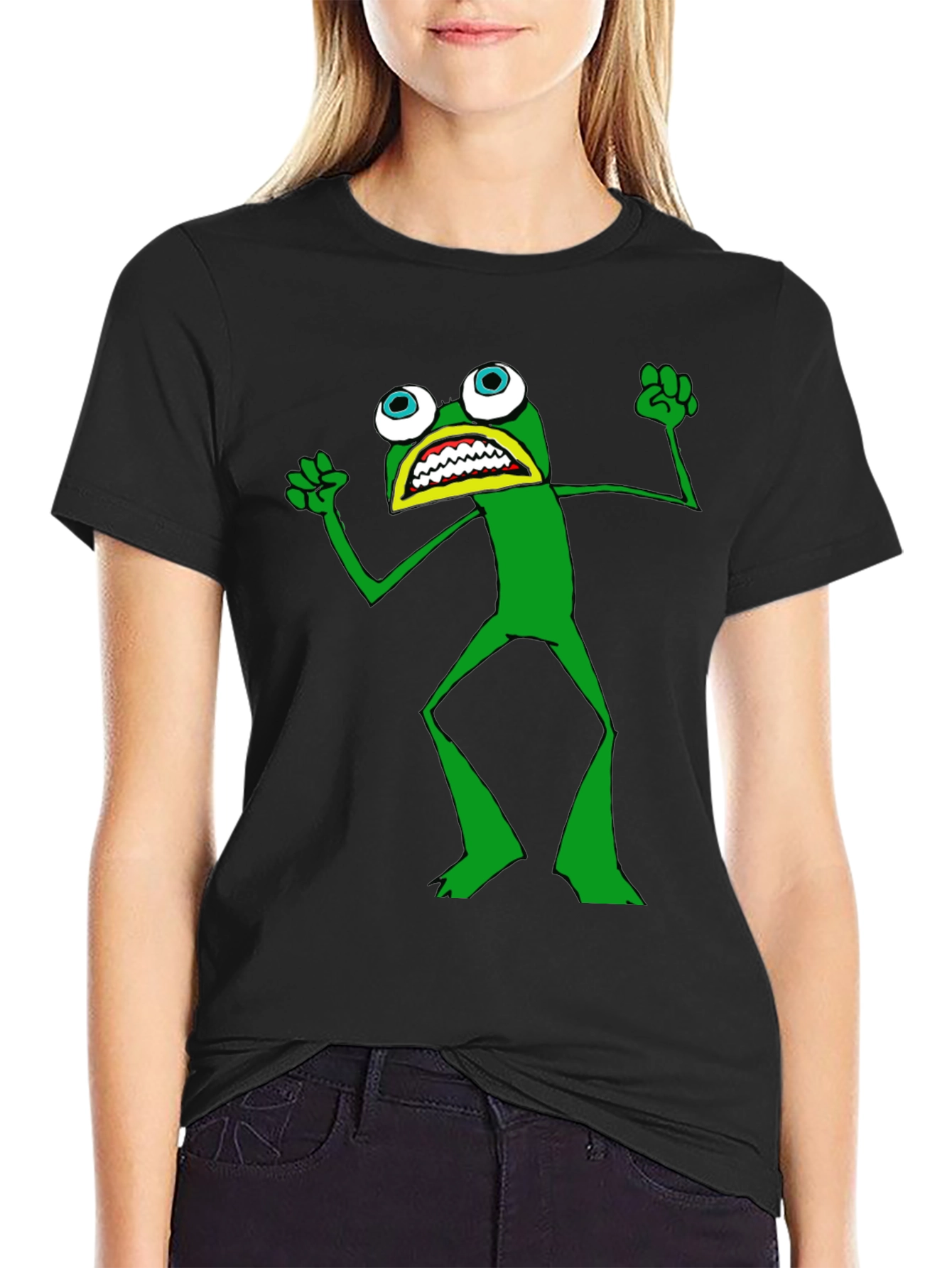 Black Frog T-Shirt - Black Crew Neck, Funny Cartoon view 2