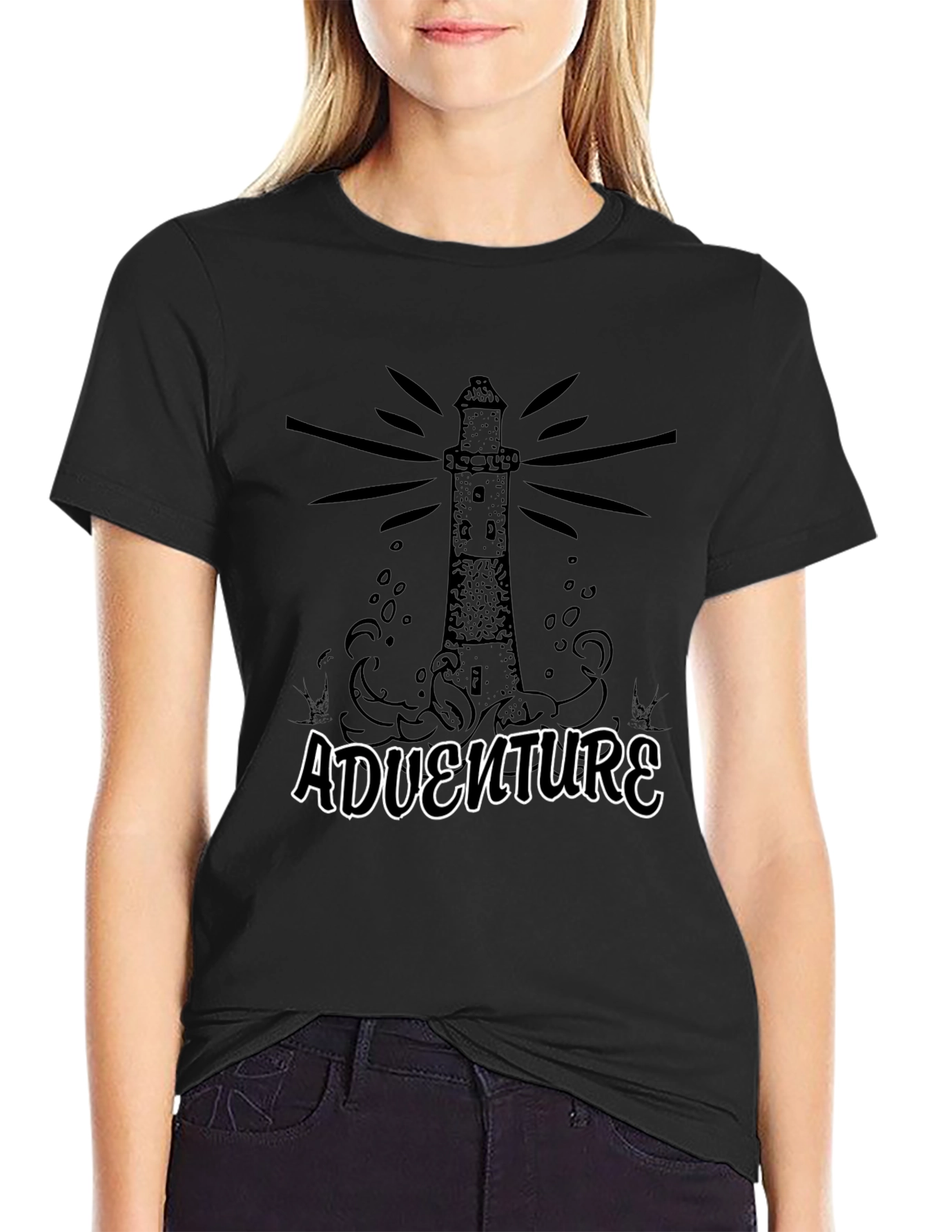 Black Adventure Lighthouse Graphic Tee - Black Cotton view 2