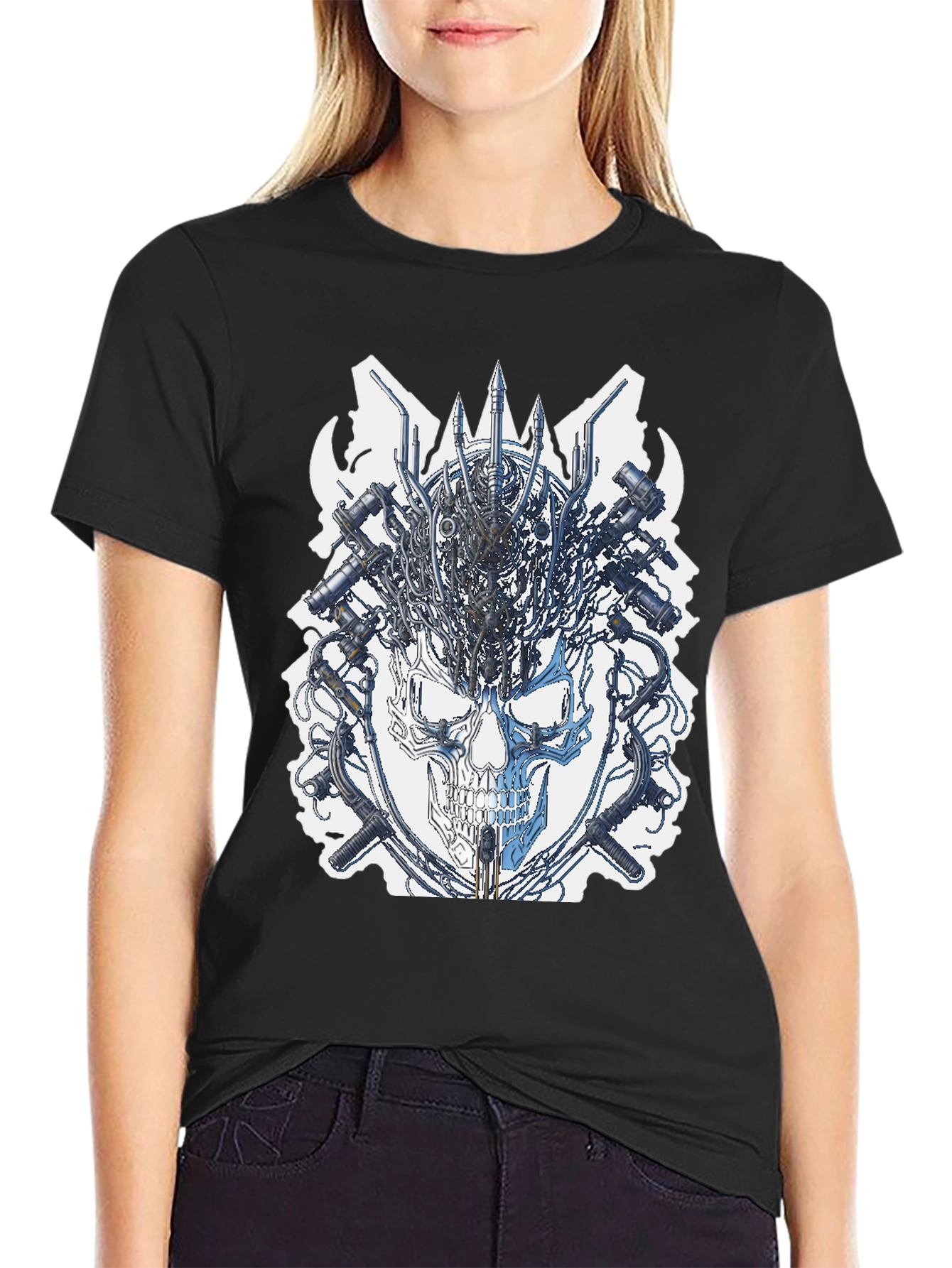 Black Cyber Skull T-Shirt - Edgy Graphic Tee view 2