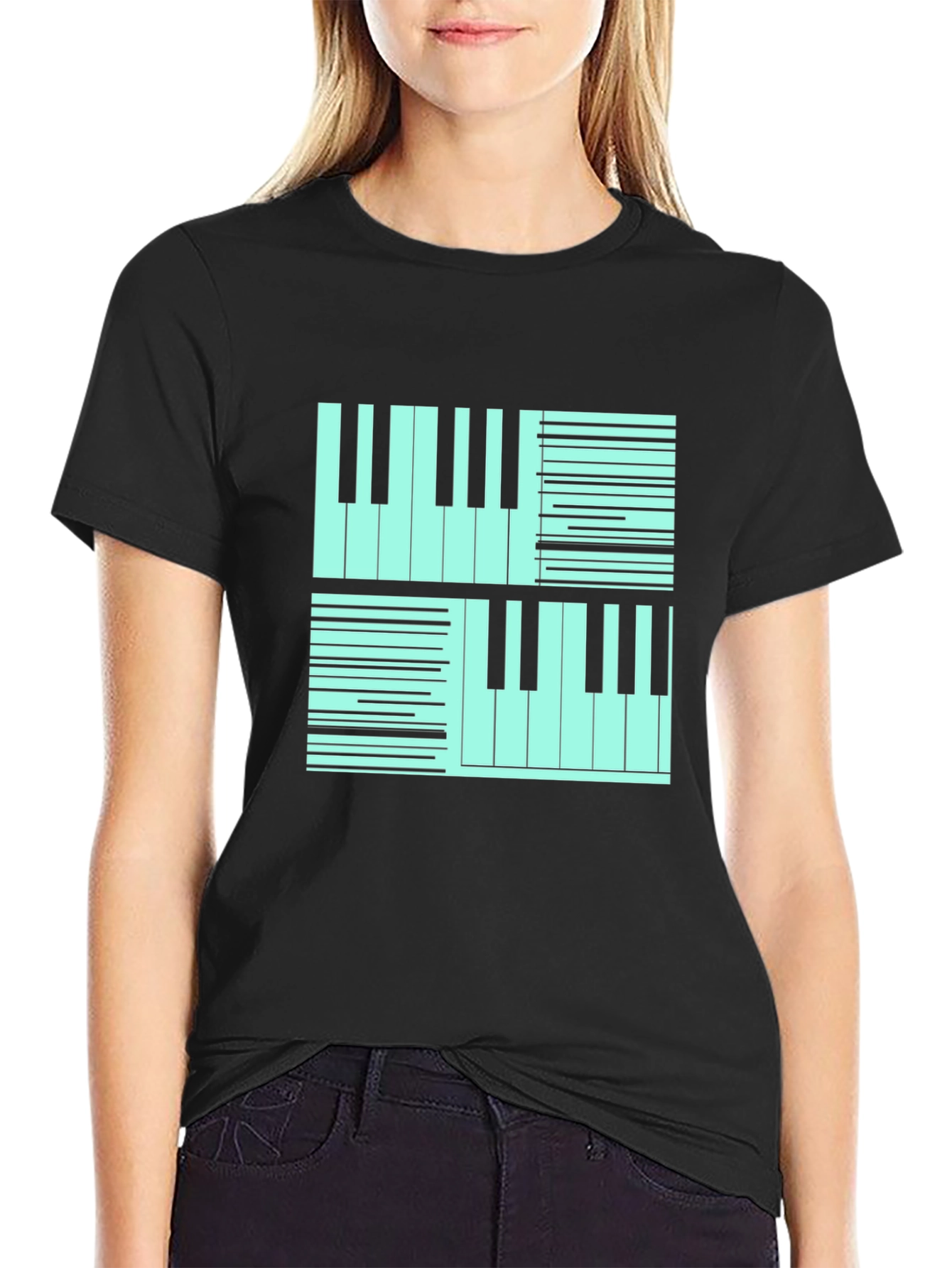 Black Cool Piano Keys Graphic Print Black T-Shirt view 2