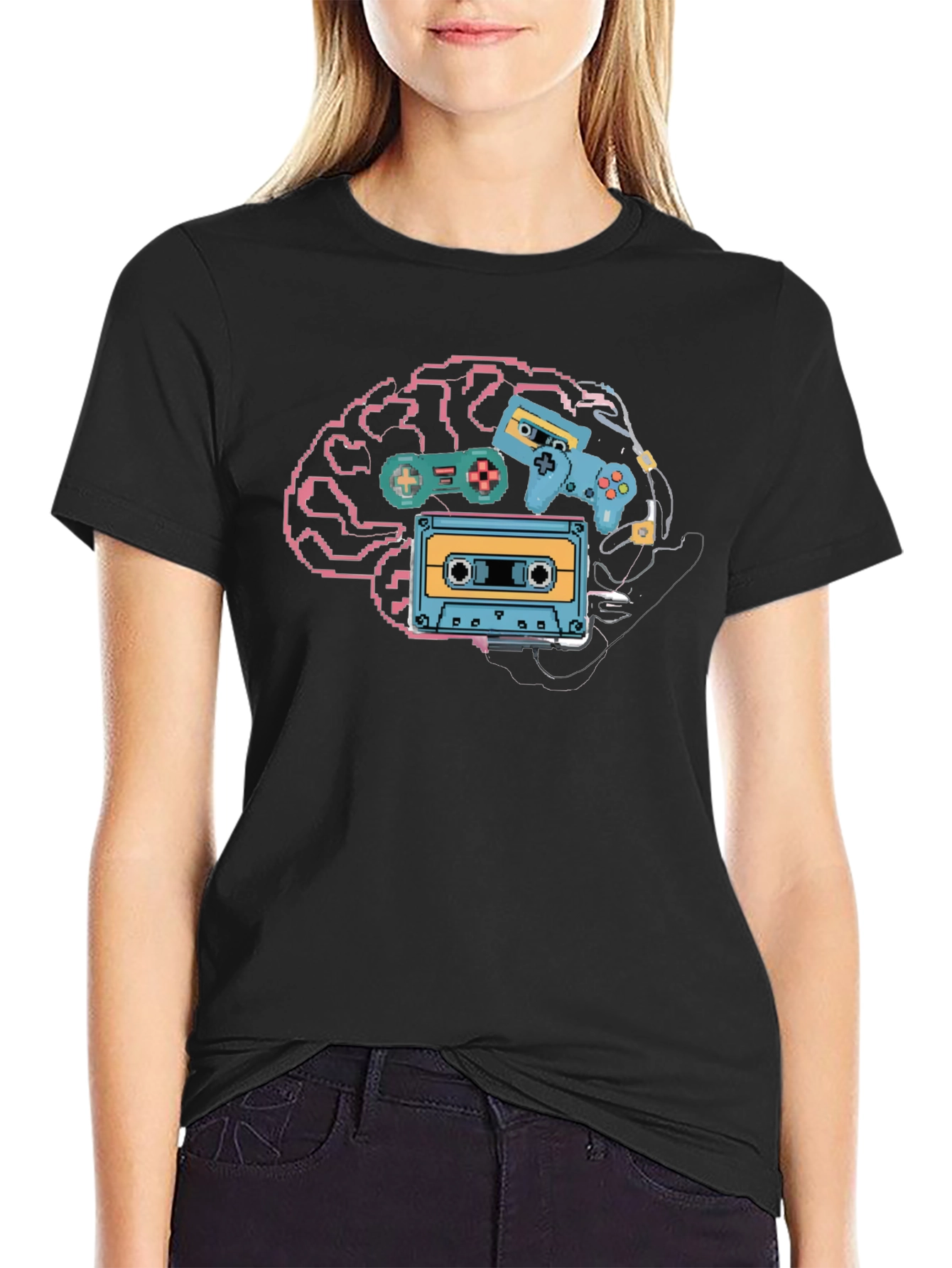 Black Retro Gamer Brain T-Shirt - Pixel Art Style view 2