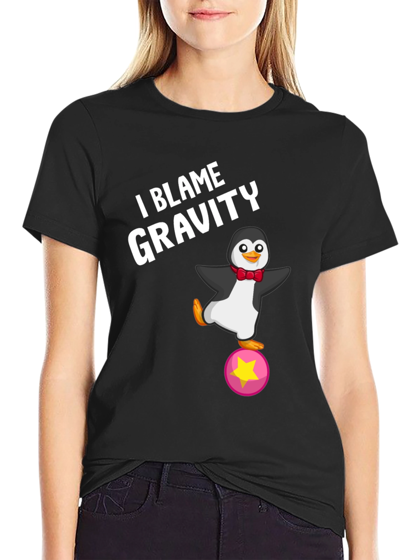 Black I Blame Gravity Penguin T-Shirt view 2